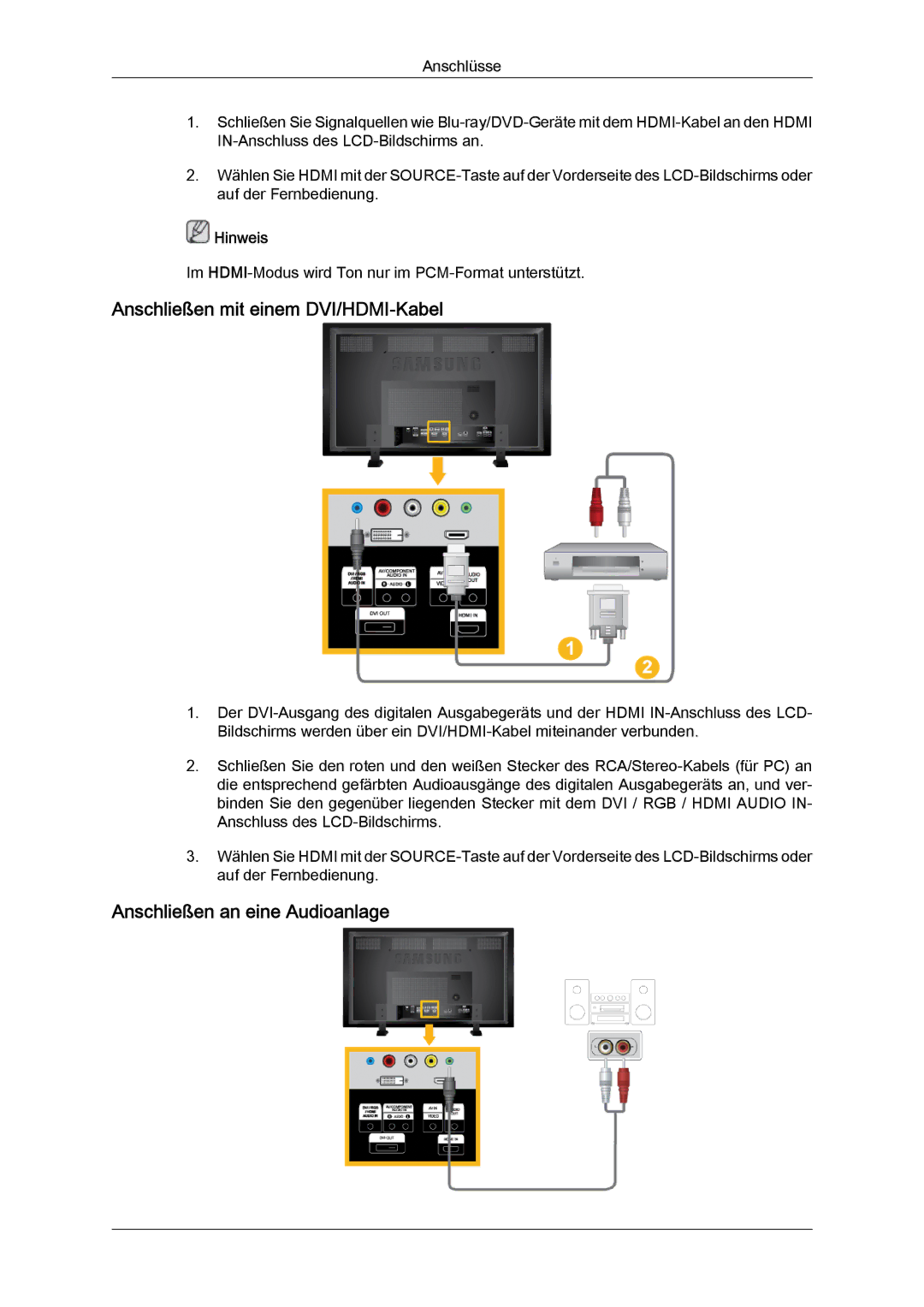 Samsung LH70TCUMBG/EN, LH82TCUMBG/EN manual Anschließen mit einem DVI/HDMI‐Kabel, Anschließen an eine Audioanlage 