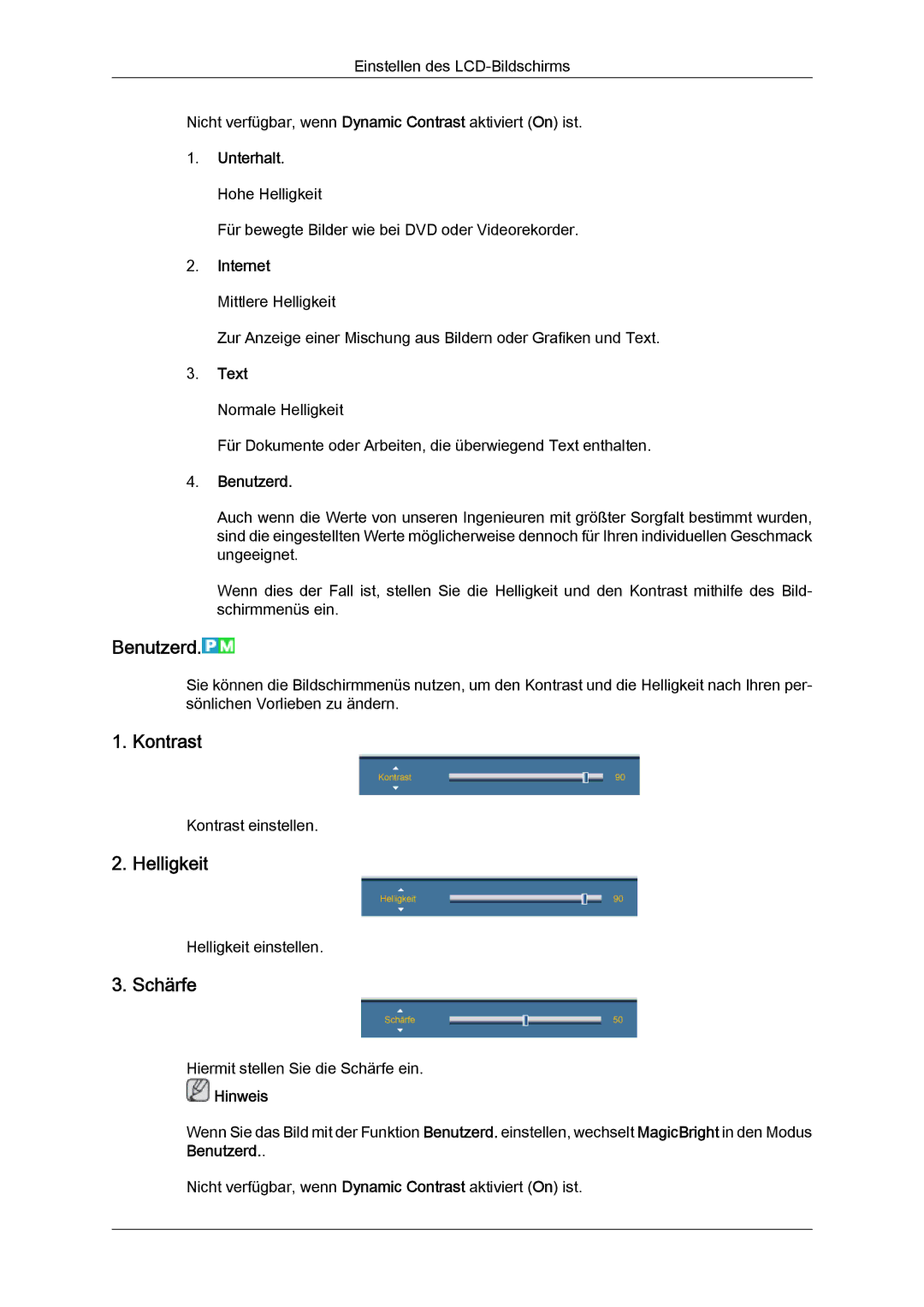 Samsung LH70TCUMBG/EN, LH82TCUMBG/EN manual Benutzerd, Kontrast, Helligkeit, Schärfe 