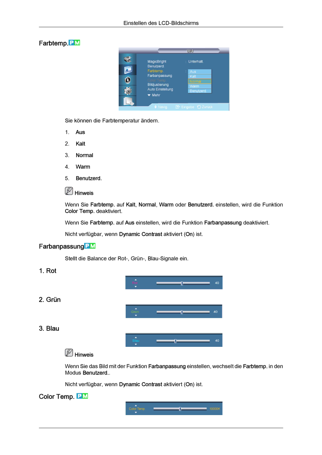 Samsung LH82TCUMBG/EN manual Farbtemp, Farbanpassung, Rot Grün Blau, Color Temp, Aus Kalt Normal Warm Benutzerd Hinweis 