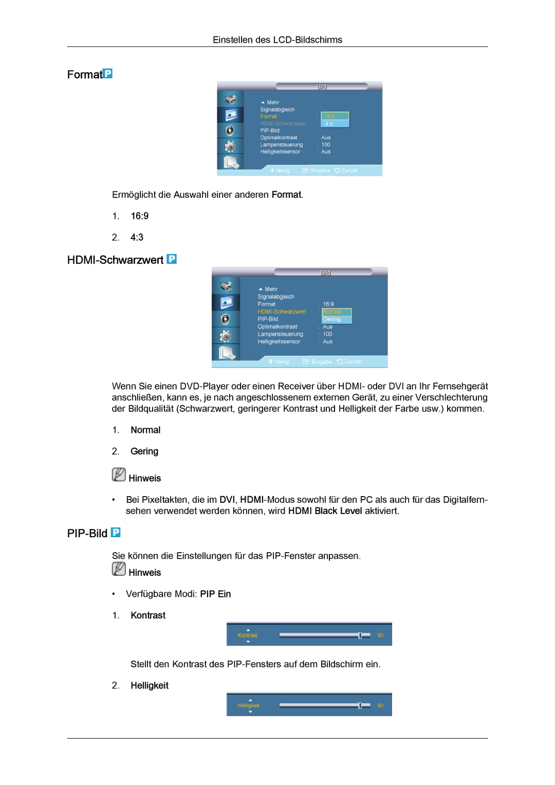 Samsung LH70TCUMBG/EN, LH82TCUMBG/EN manual Format, HDMI‐Schwarzwert, PIP‐Bild 