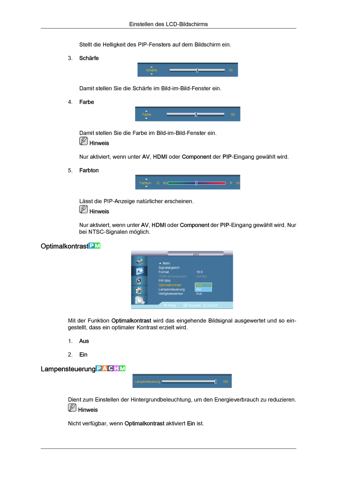 Samsung LH82TCUMBG/EN, LH70TCUMBG/EN manual Optimalkontrast, Lampensteuerung, Schärfe, Farbe, Farbton 