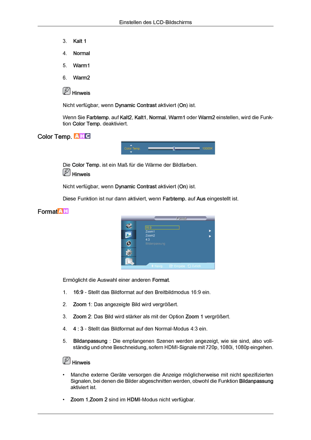 Samsung LH70TCUMBG/EN, LH82TCUMBG/EN manual Color Temp, Kalt Normal Warm1 Warm2 Hinweis 
