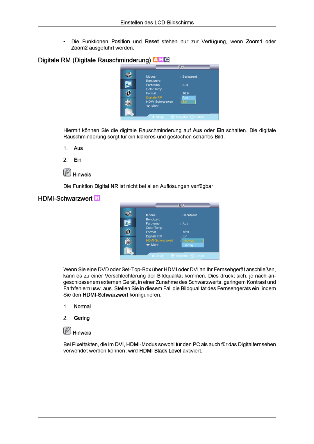 Samsung LH82TCUMBG/EN, LH70TCUMBG/EN manual Digitale RM Digitale Rauschminderung, Aus Ein Hinweis 