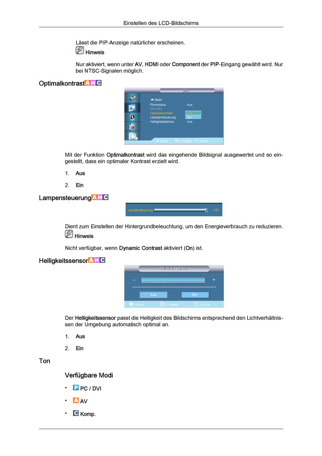 Samsung LH82TCUMBG/EN, LH70TCUMBG/EN manual Optimalkontrast, Ton Verfügbare Modi 