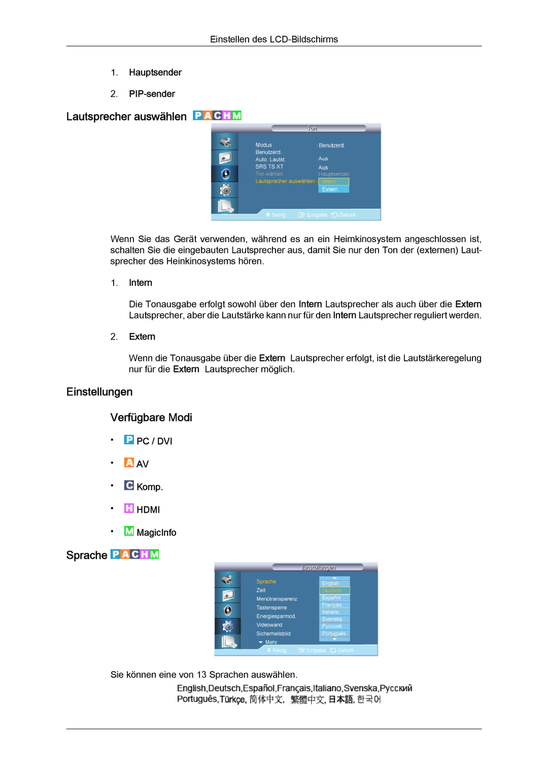 Samsung LH70TCUMBG/EN, LH82TCUMBG/EN manual Lautsprecher auswählen, Einstellungen Verfügbare Modi, Sprache 