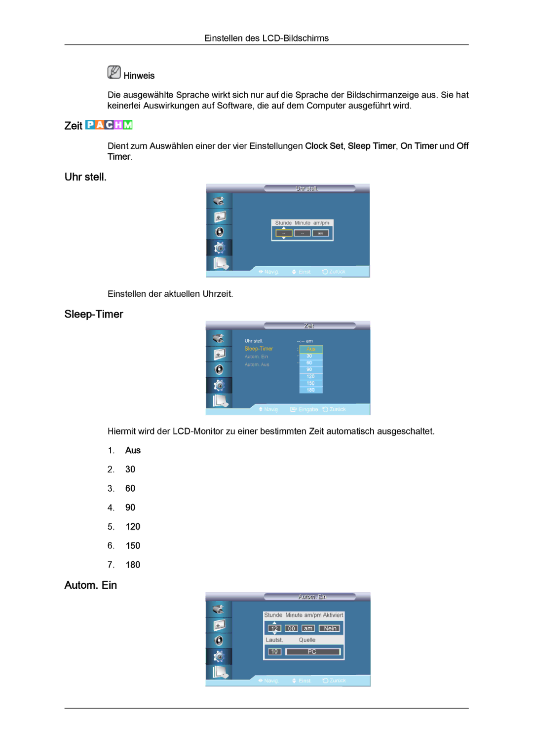 Samsung LH82TCUMBG/EN, LH70TCUMBG/EN manual Zeit, Uhr stell, Sleep‐Timer, Autom. Ein, Aus 