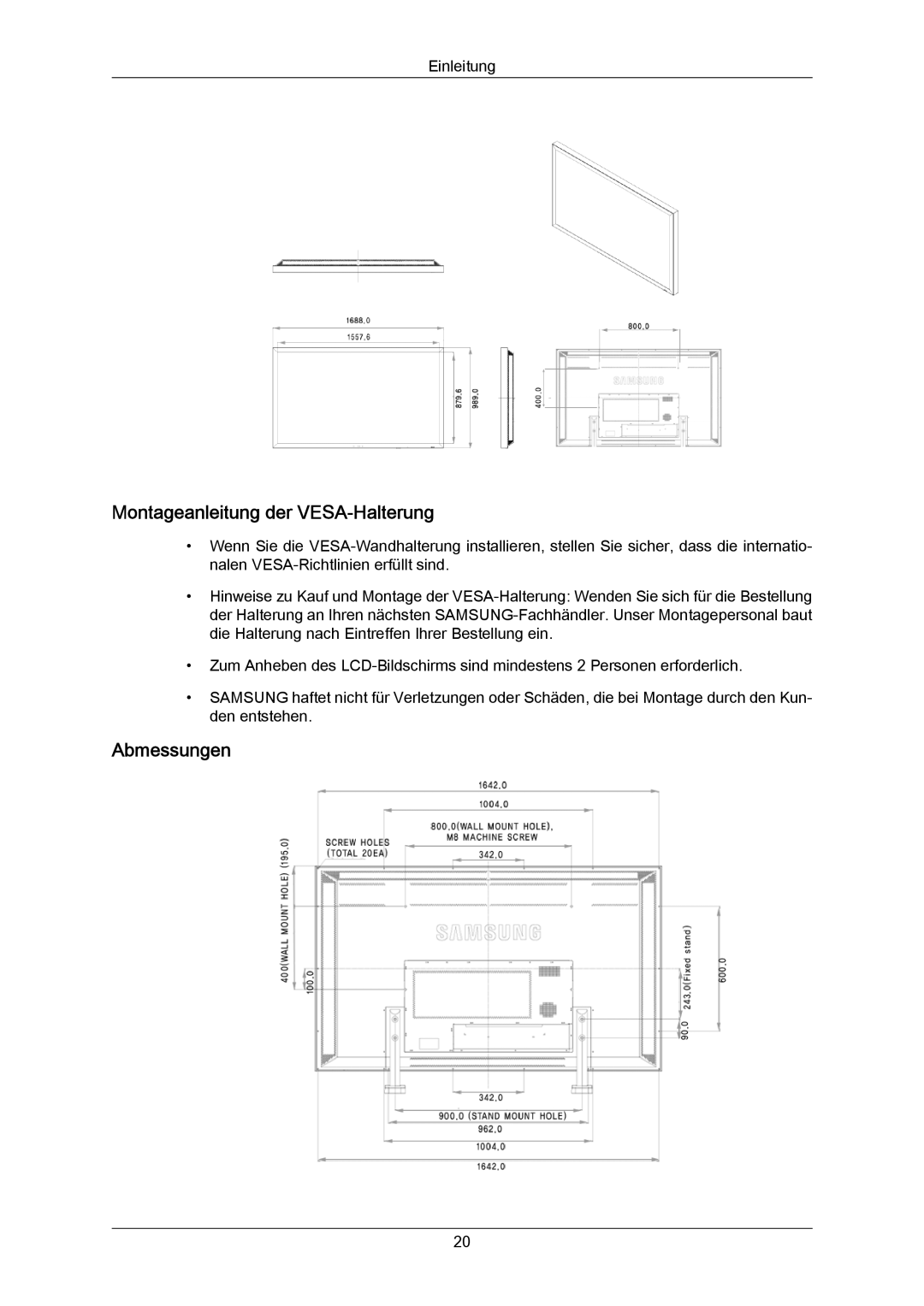 Samsung LH70TCUMBG/EN, LH82TCUMBG/EN manual Montageanleitung der VESA-Halterung, Abmessungen 