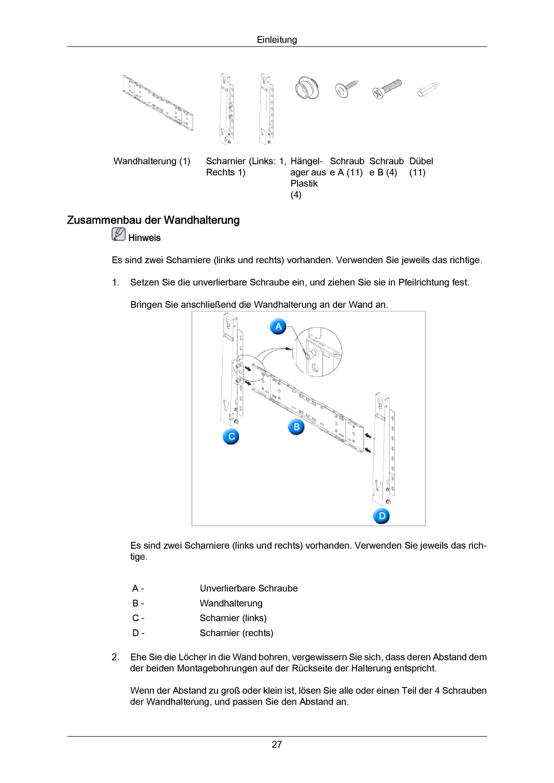 Samsung LH82TCUMBG/EN, LH70TCUMBG/EN manual Zusammenbau der Wandhalterung 