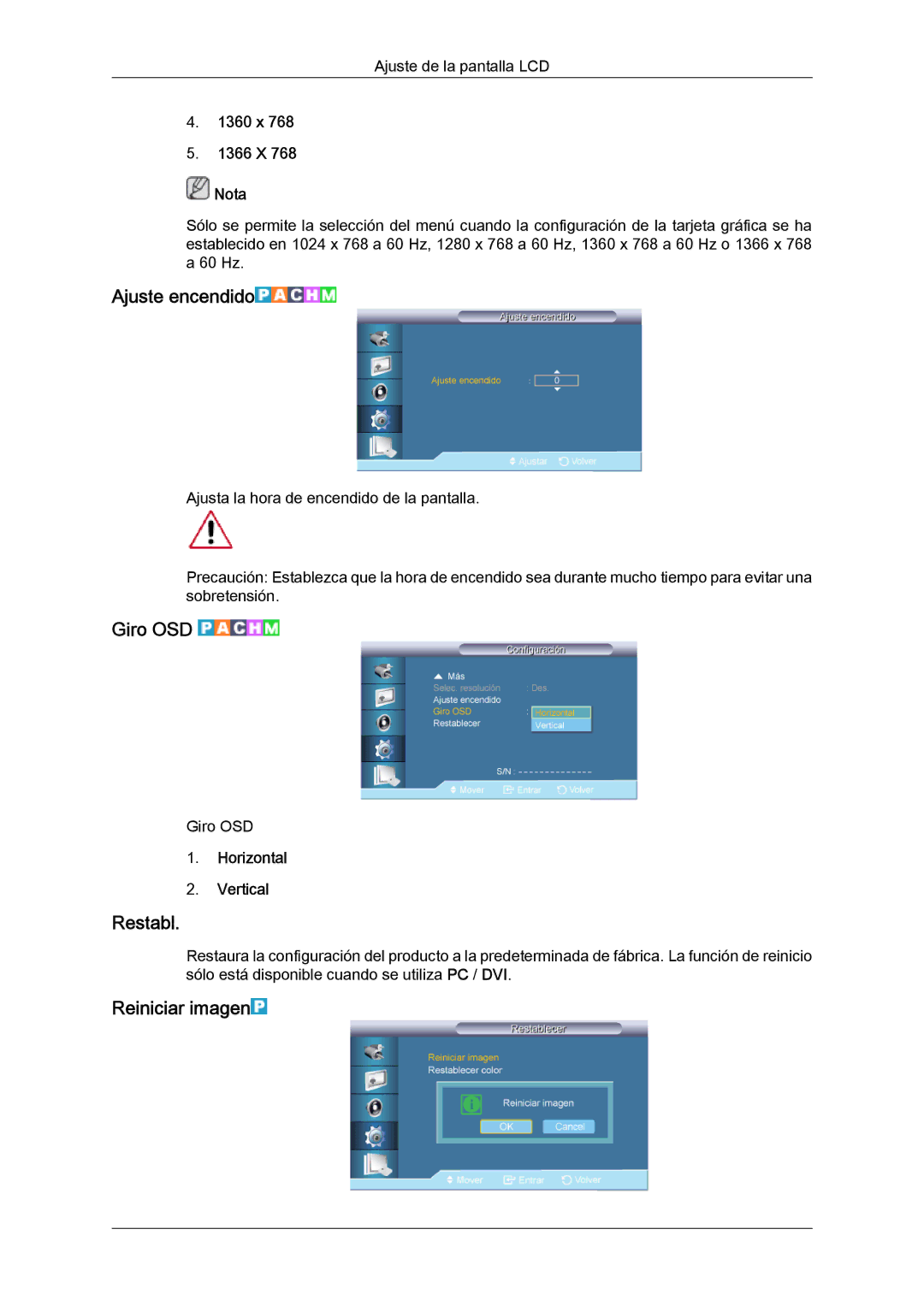 Samsung LH70TCUMBG/EN, LH82TCUMBG/EN manual Ajuste encendido, Giro OSD, Restabl, Reiniciar imagen 