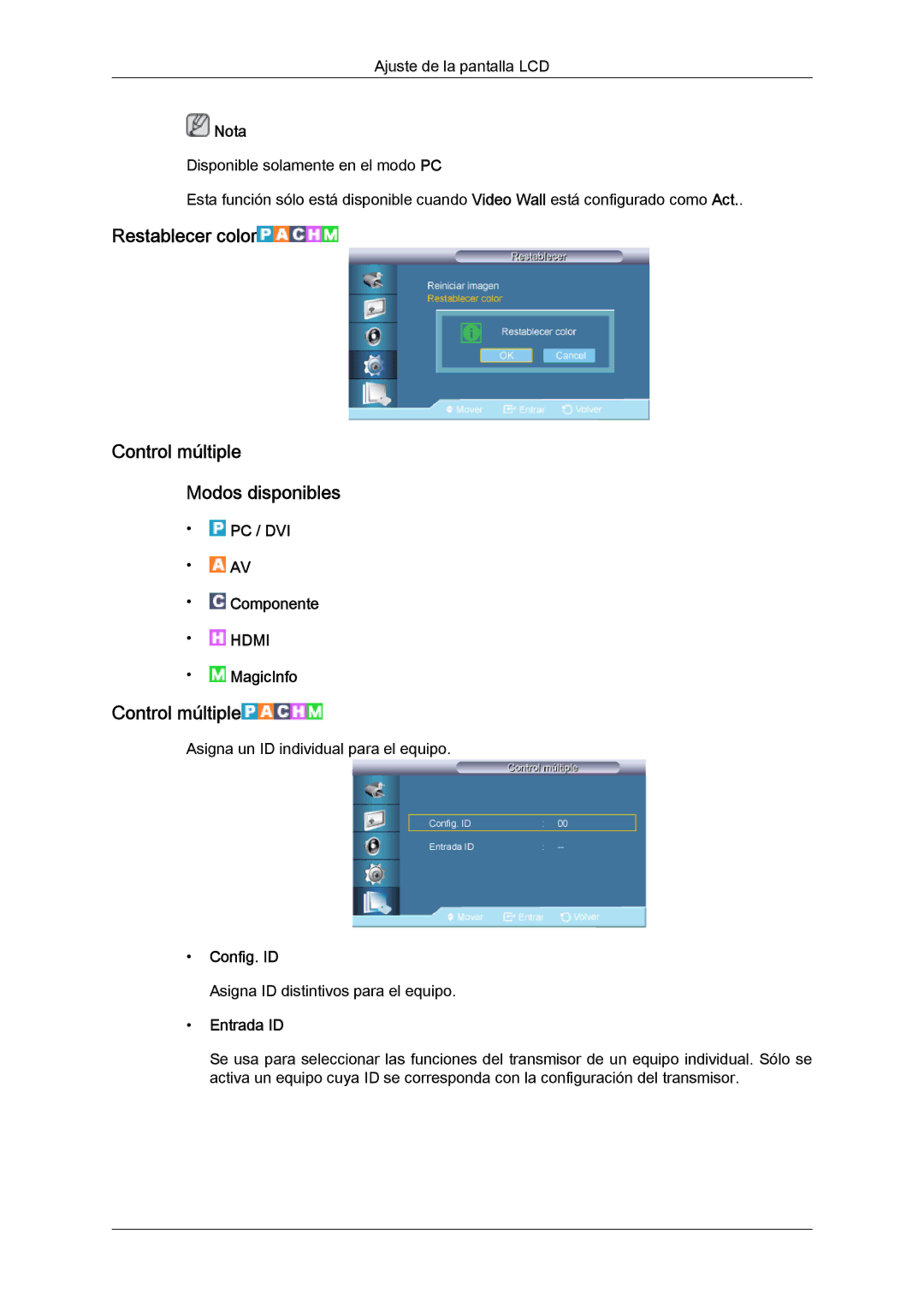 Samsung LH82TCUMBG/EN, LH70TCUMBG/EN manual Restablecer color Control múltiple Modos disponibles, Config. ID, Entrada ID 