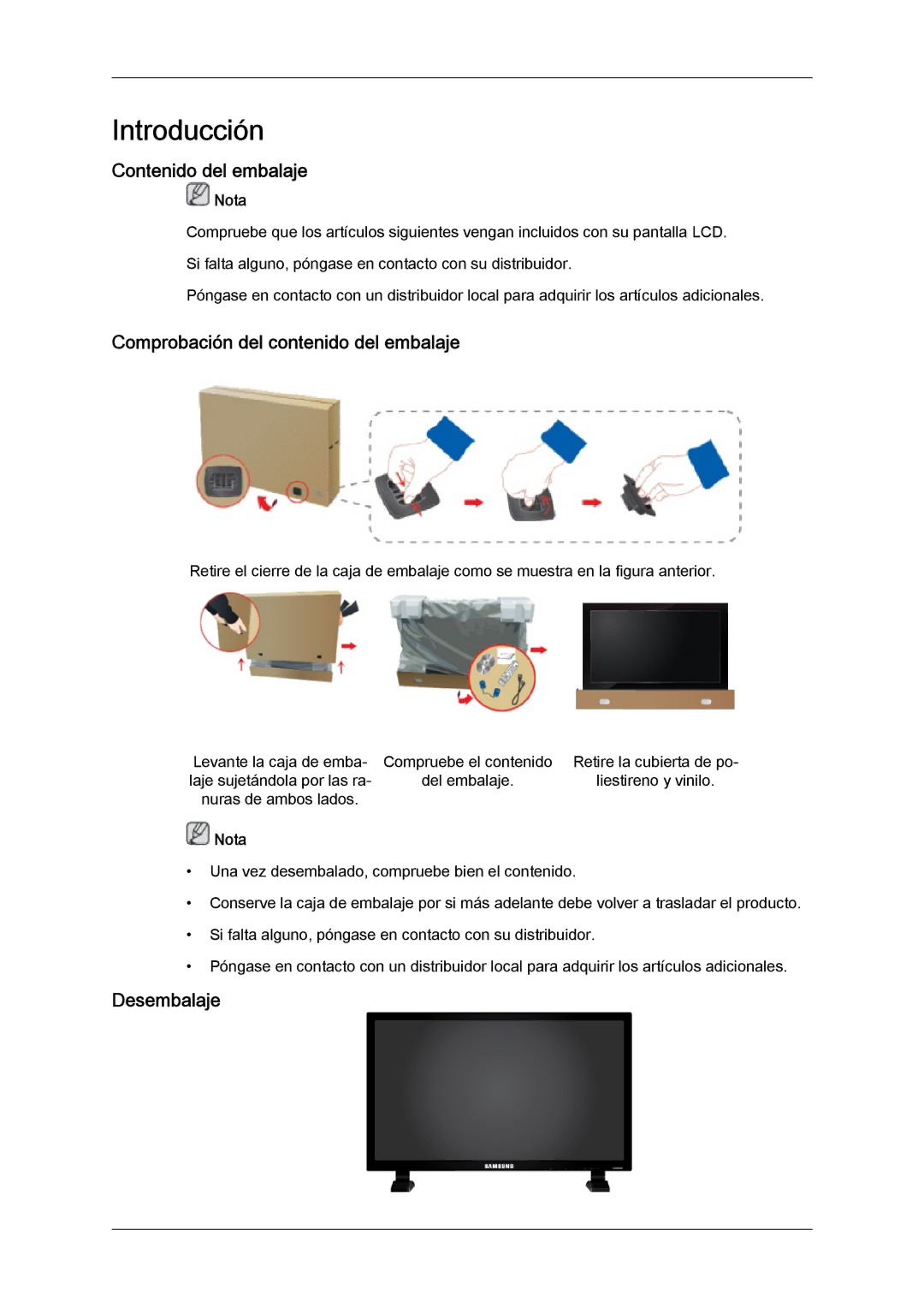 Samsung LH82TCUMBG/EN, LH70TCUMBG/EN manual Contenido del embalaje, Comprobación del contenido del embalaje, Desembalaje 