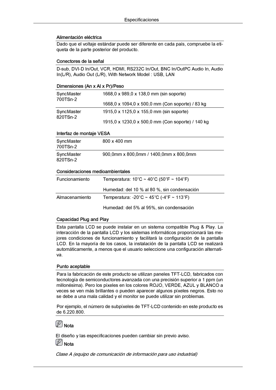 Samsung LH82TCUMBG/EN Conectores de la señal, Dimensiones An x Al x Pr/Peso, Interfaz de montaje Vesa, Punto aceptable 