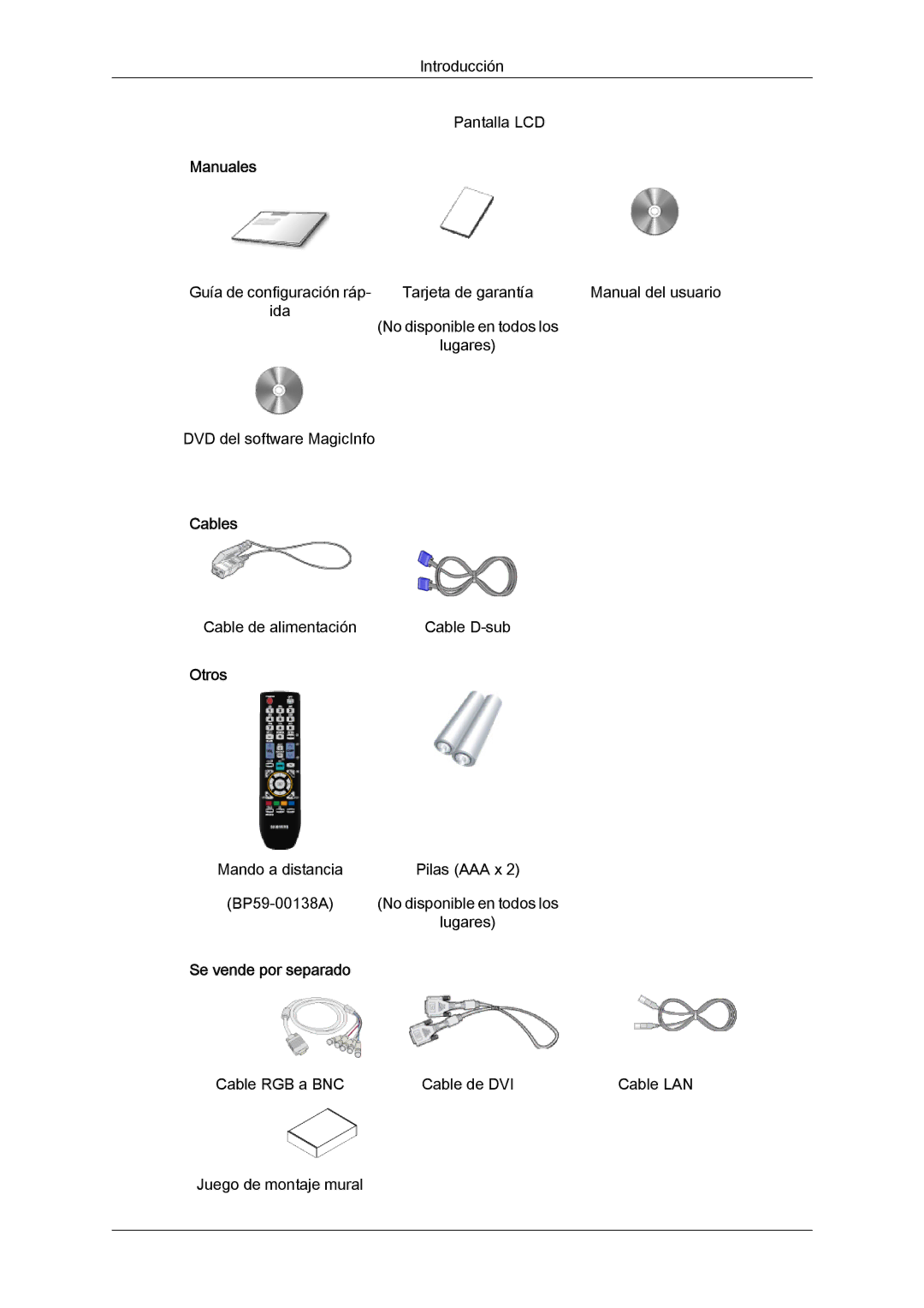 Samsung LH70TCUMBG/EN, LH82TCUMBG/EN manual Manuales, Cables, Otros, Se vende por separado 