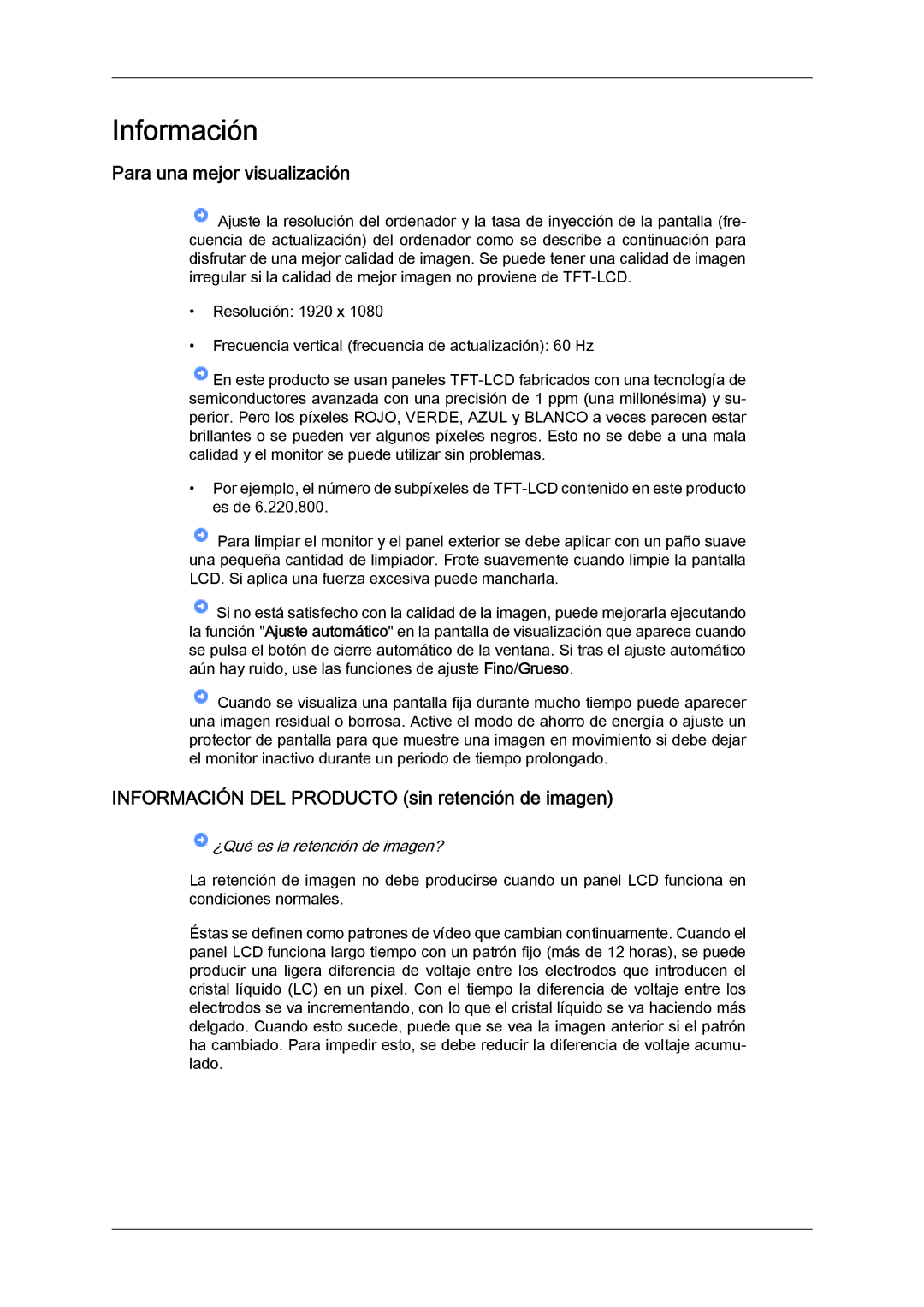 Samsung LH70TCUMBG/EN, LH82TCUMBG/EN manual Para una mejor visualización, Información DEL Producto sin retención de imagen 