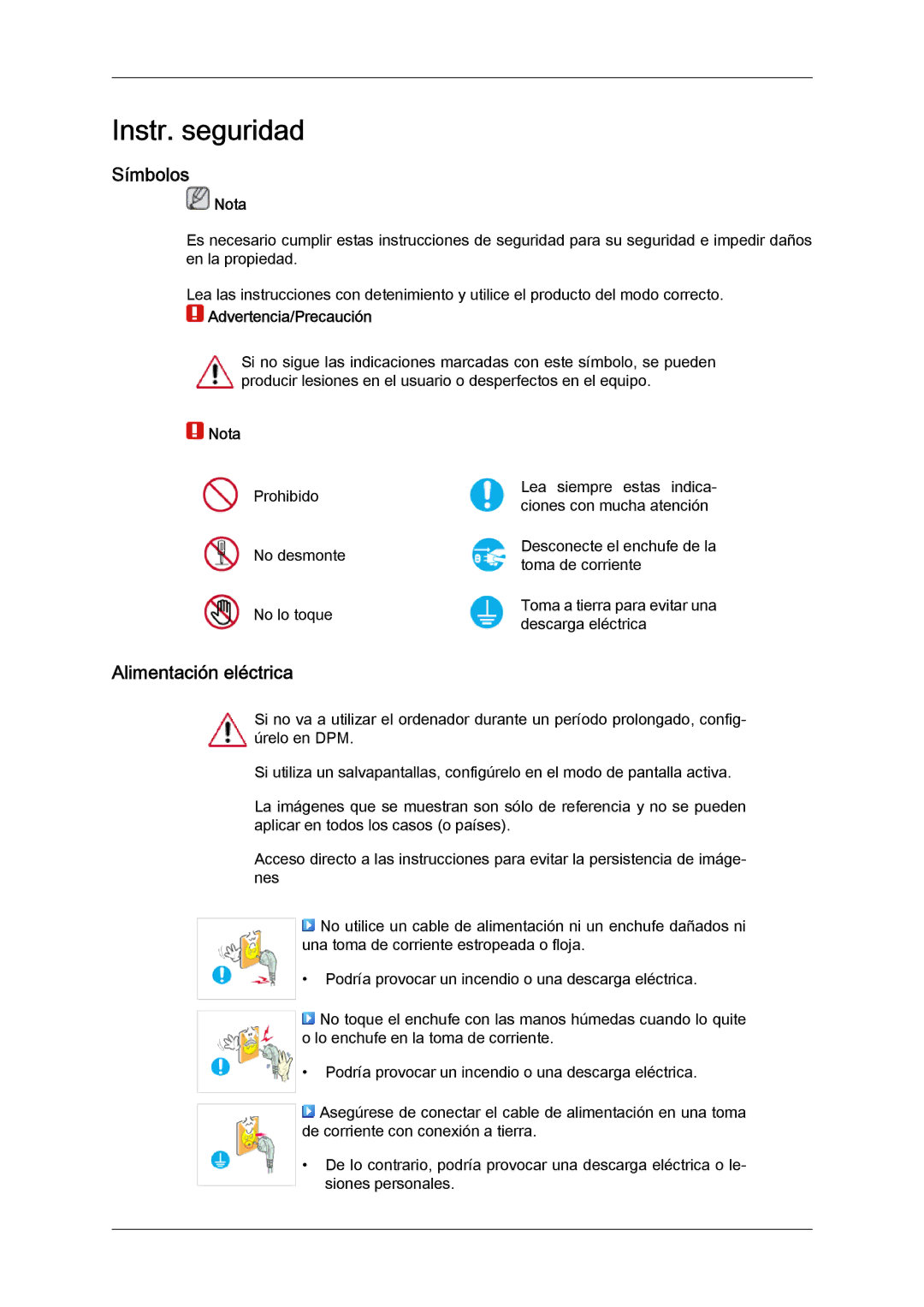 Samsung LH70TCUMBG/EN, LH82TCUMBG/EN manual Símbolos, Alimentación eléctrica, Nota, Advertencia/Precaución 