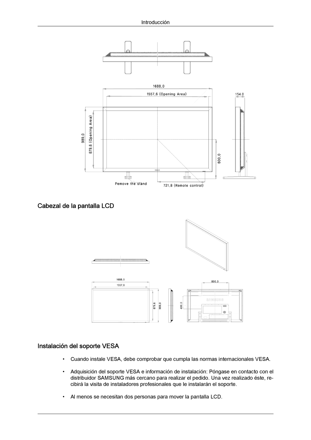 Samsung LH70TCUMBG/EN, LH82TCUMBG/EN manual Cabezal de la pantalla LCD Instalación del soporte Vesa 