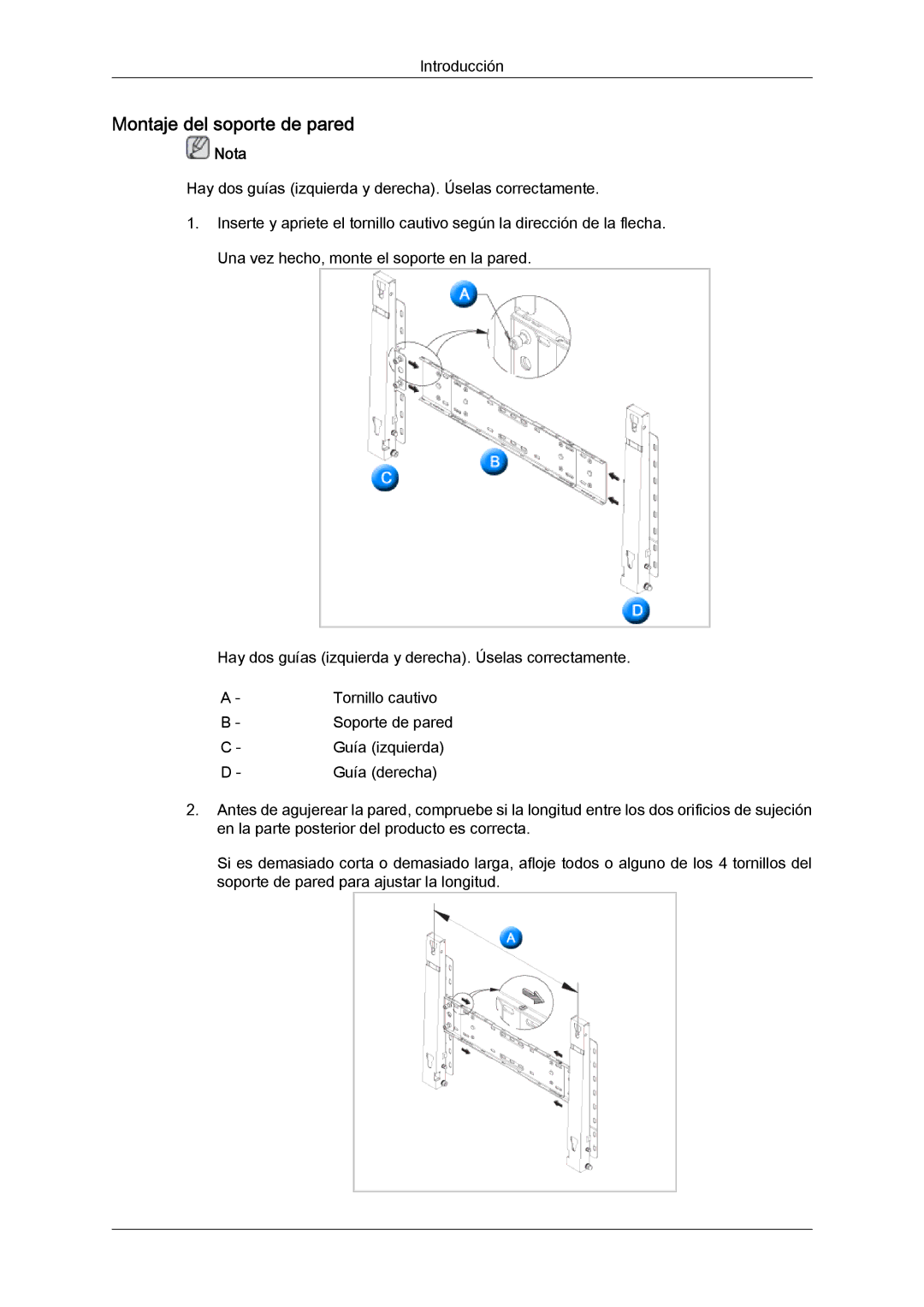 Samsung LH70TCUMBG/EN, LH82TCUMBG/EN manual Montaje del soporte de pared, Nota 