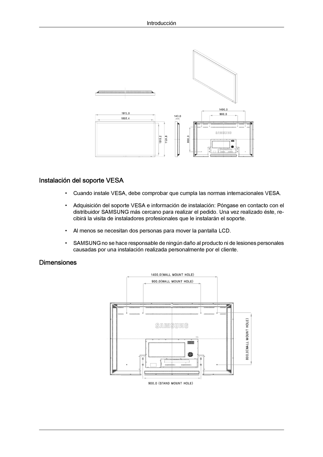 Samsung LH70TCUMBG/EN, LH82TCUMBG/EN manual Instalación del soporte Vesa 