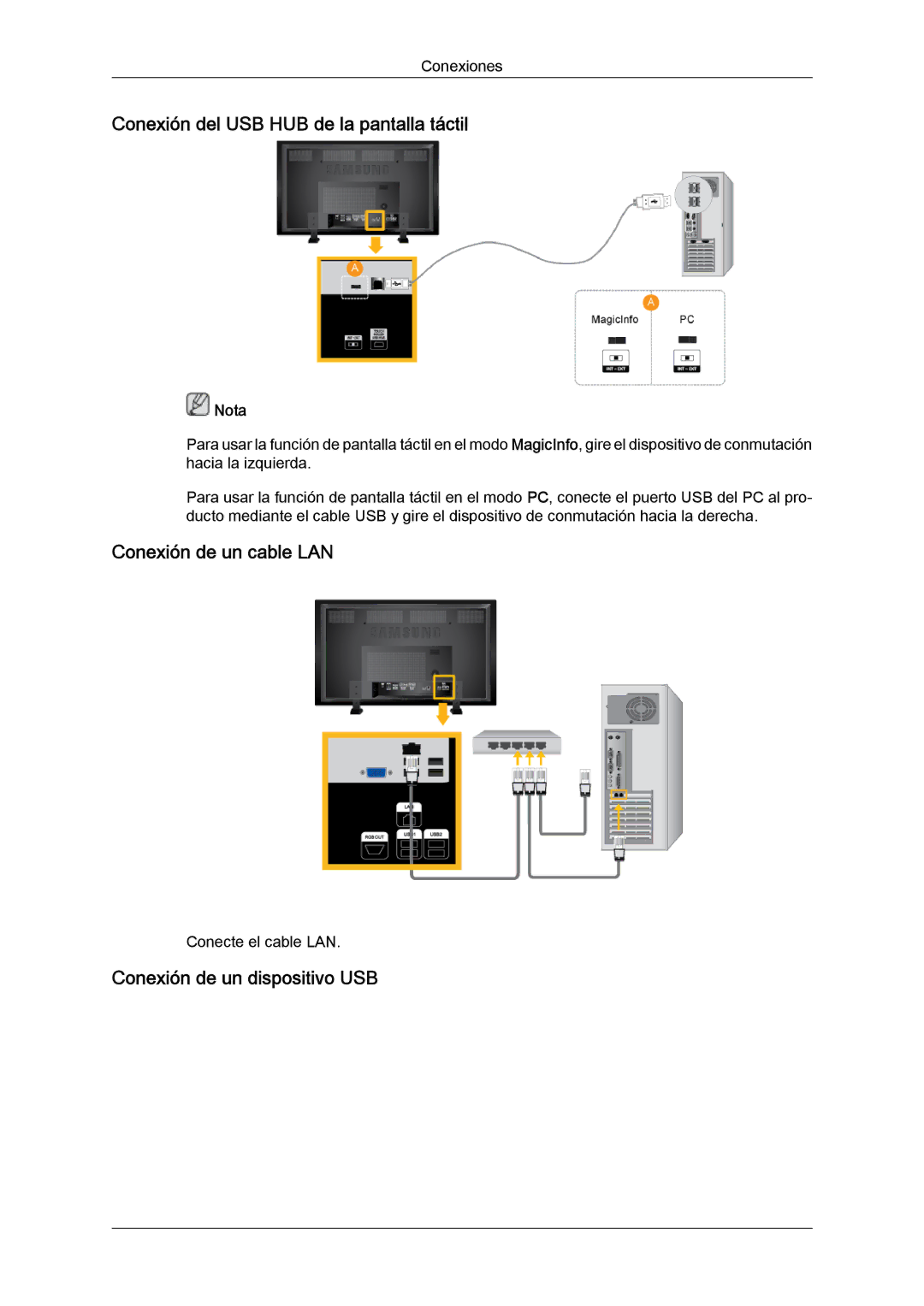 Samsung LH70TCUMBG/EN Conexión del USB HUB de la pantalla táctil, Conexión de un cable LAN, Conexión de un dispositivo USB 