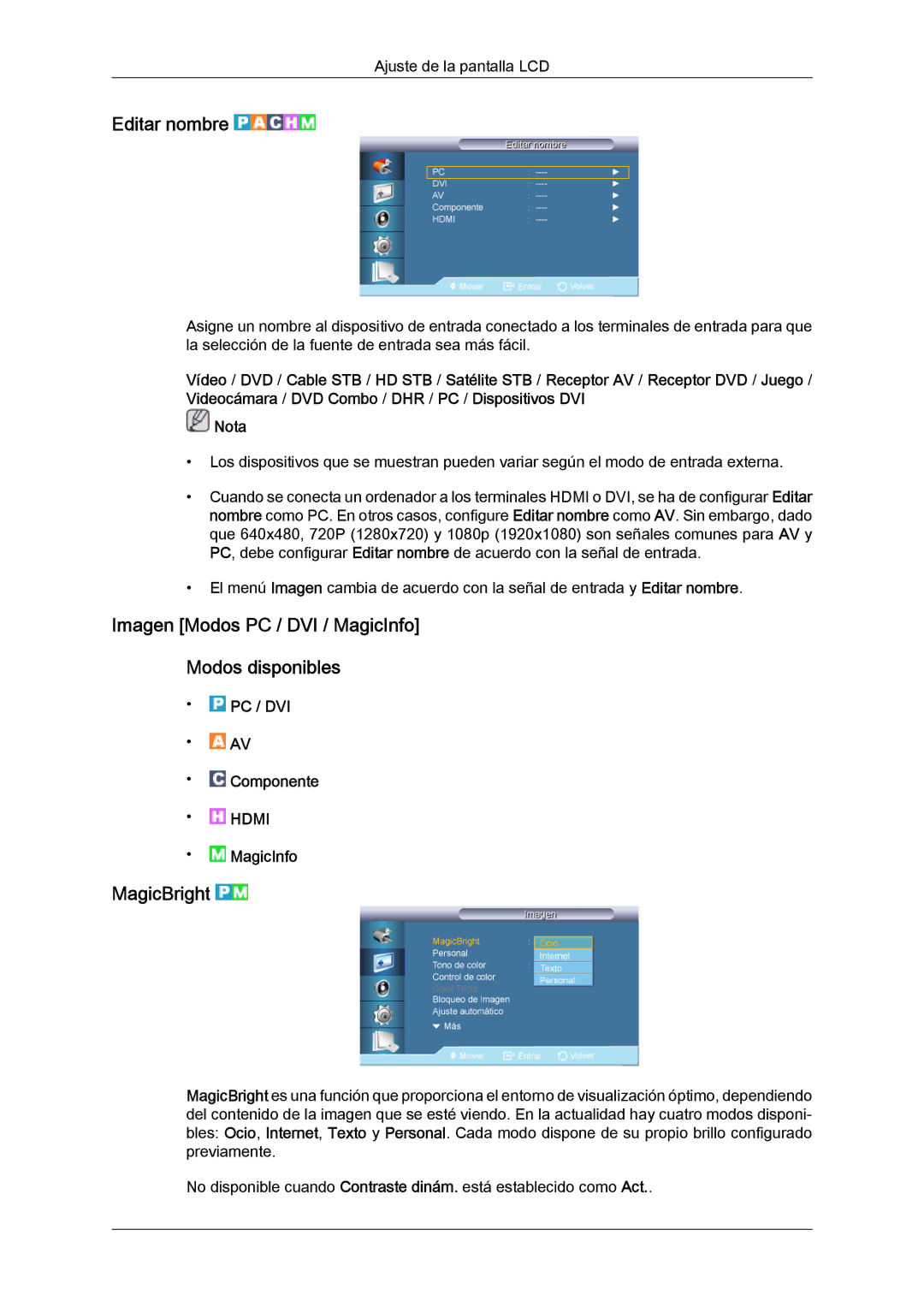 Samsung LH70TCUMBG/EN, LH82TCUMBG/EN manual Editar nombre, Imagen Modos PC / DVI / MagicInfo Modos disponibles, MagicBright 