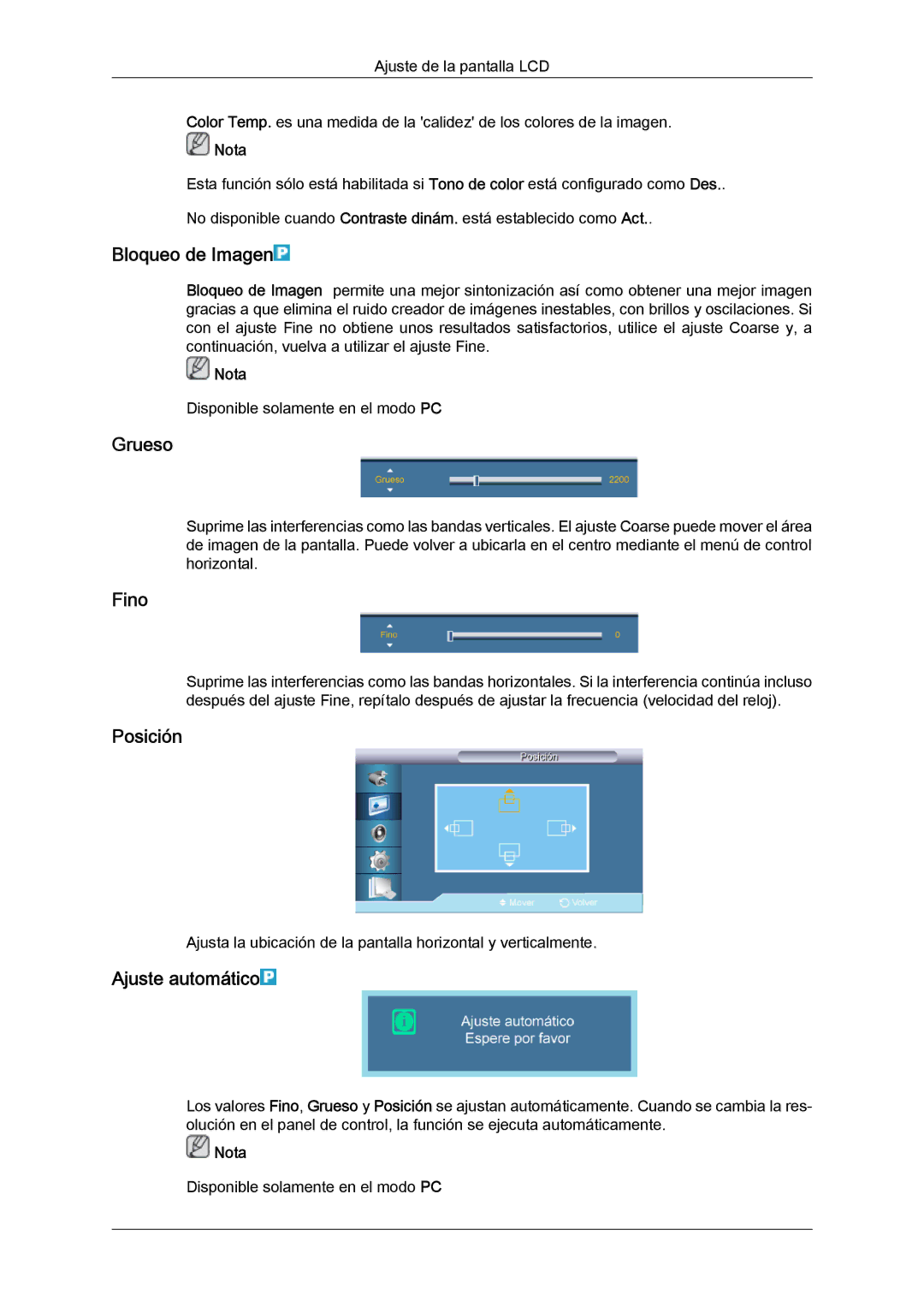 Samsung LH82TCUMBG/EN, LH70TCUMBG/EN manual Bloqueo de Imagen, Grueso, Fino, Ajuste automático 