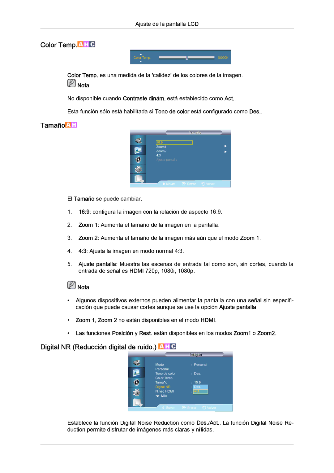 Samsung LH82TCUMBG/EN, LH70TCUMBG/EN manual Color Temp, Digital NR Reducción digital de ruido 