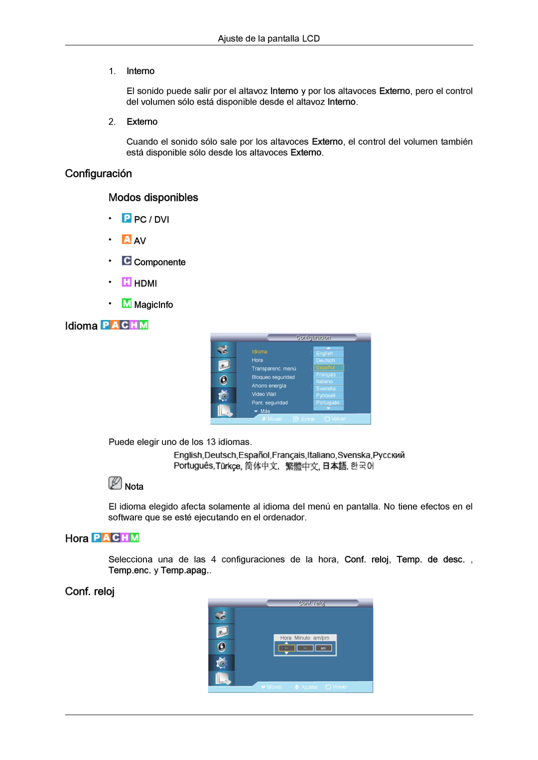 Samsung LH82TCUMBG/EN, LH70TCUMBG/EN manual Configuración Modos disponibles, Idioma, Hora, Conf. reloj 