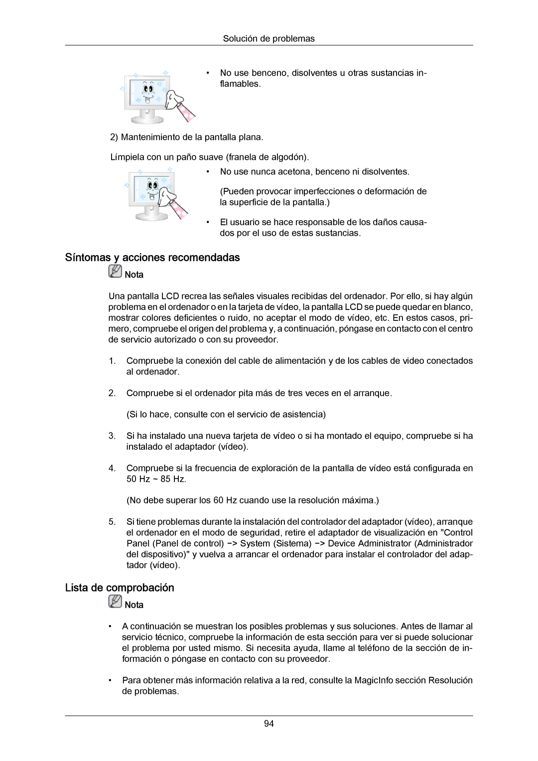 Samsung LH70TCUMBG/EN, LH82TCUMBG/EN manual Síntomas y acciones recomendadas, Lista de comprobación 