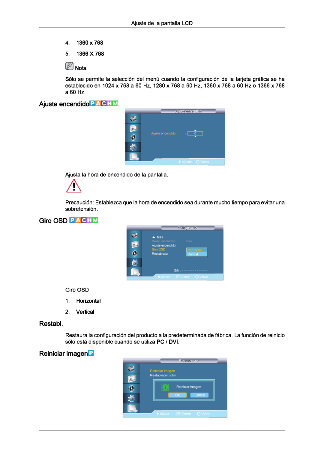 Samsung LH70TCUMBG/EN, LH82TCUMBG/EN manual Ajuste encendido, Giro OSD, Restabl, Reiniciar imagen, 4. 1360 x 5. 1366 X Nota 