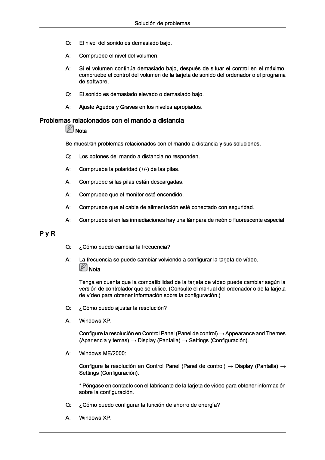 Samsung LH70TCUMBG/EN, LH82TCUMBG/EN manual Problemas relacionados con el mando a distancia, P y R, Nota 