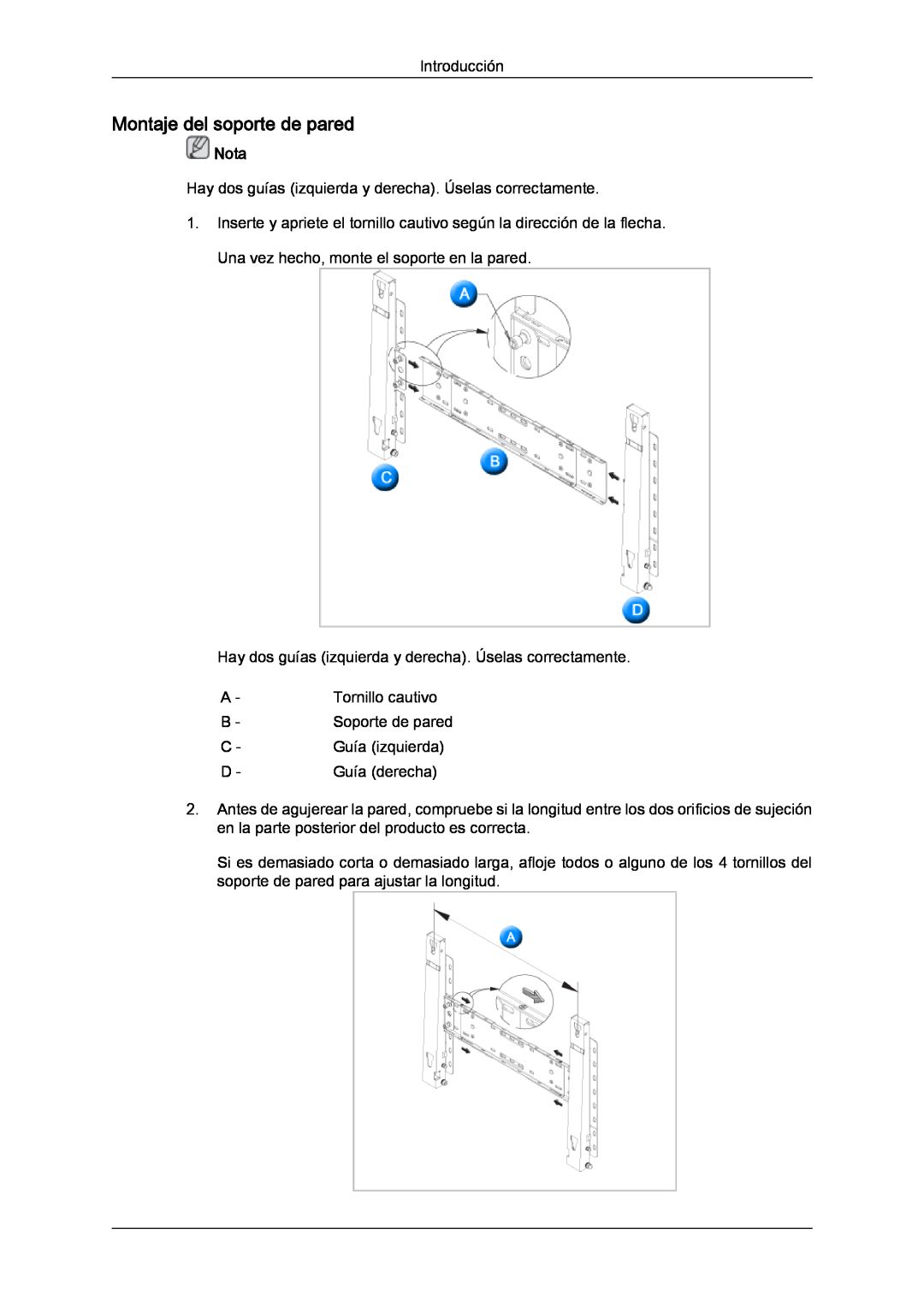Samsung LH70TCUMBG/EN, LH82TCUMBG/EN manual Montaje del soporte de pared, Nota 