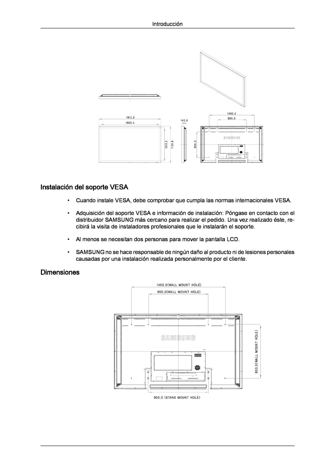 Samsung LH70TCUMBG/EN, LH82TCUMBG/EN manual Instalación del soporte VESA, Dimensiones 