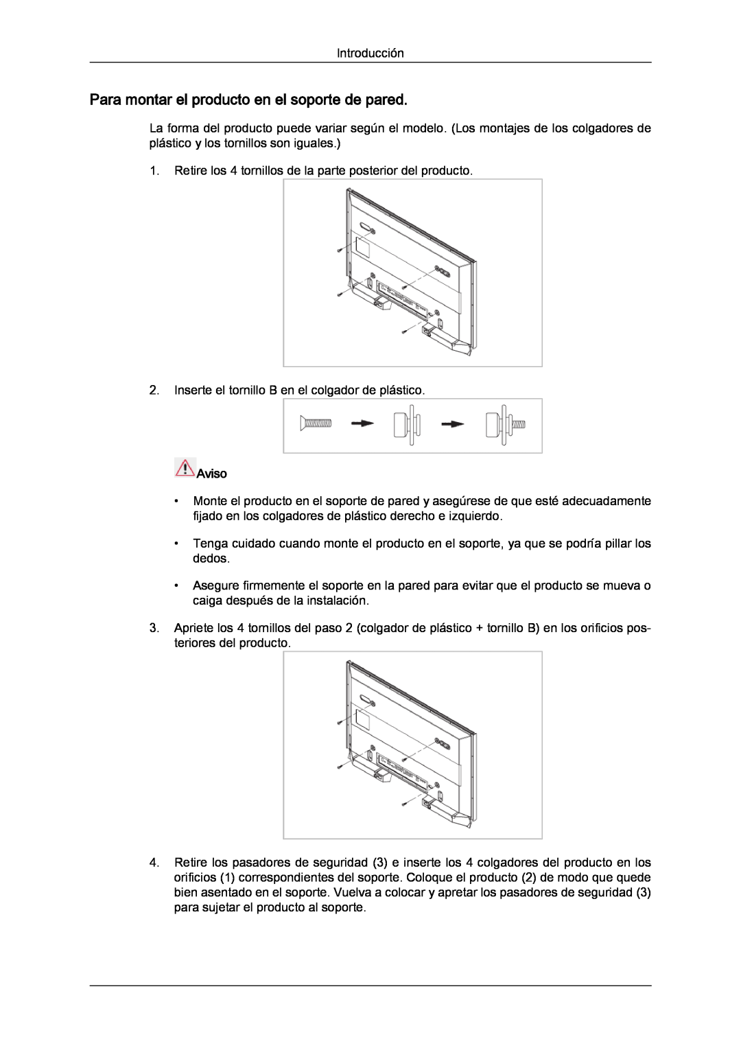 Samsung LH82TCUMBG/EN, LH70TCUMBG/EN manual Para montar el producto en el soporte de pared, Aviso 