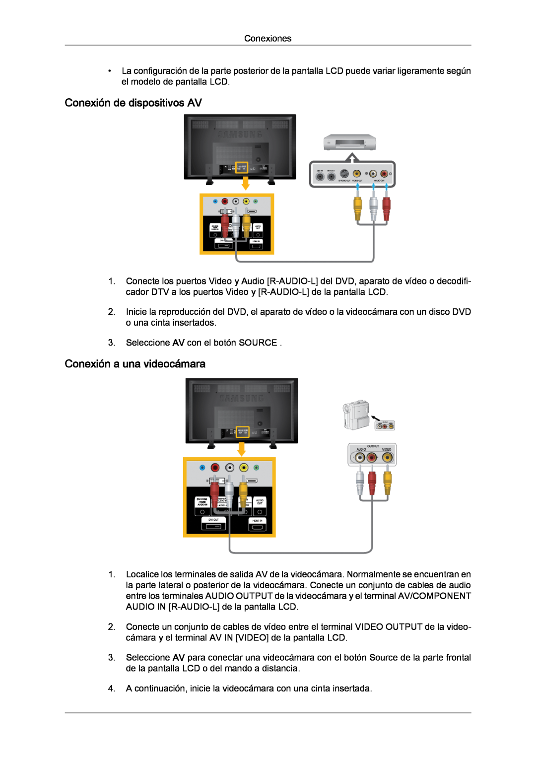 Samsung LH82TCUMBG/EN, LH70TCUMBG/EN manual Conexión de dispositivos AV, Conexión a una videocámara 