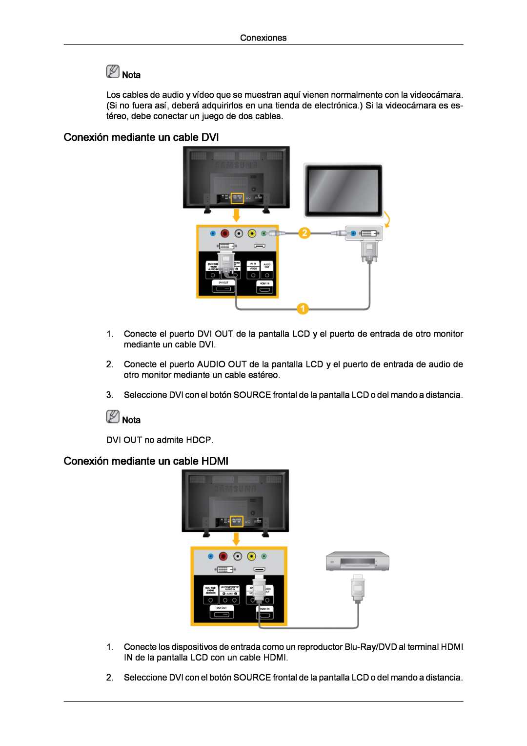 Samsung LH70TCUMBG/EN, LH82TCUMBG/EN manual Conexión mediante un cable DVI, Conexión mediante un cable HDMI, Nota 