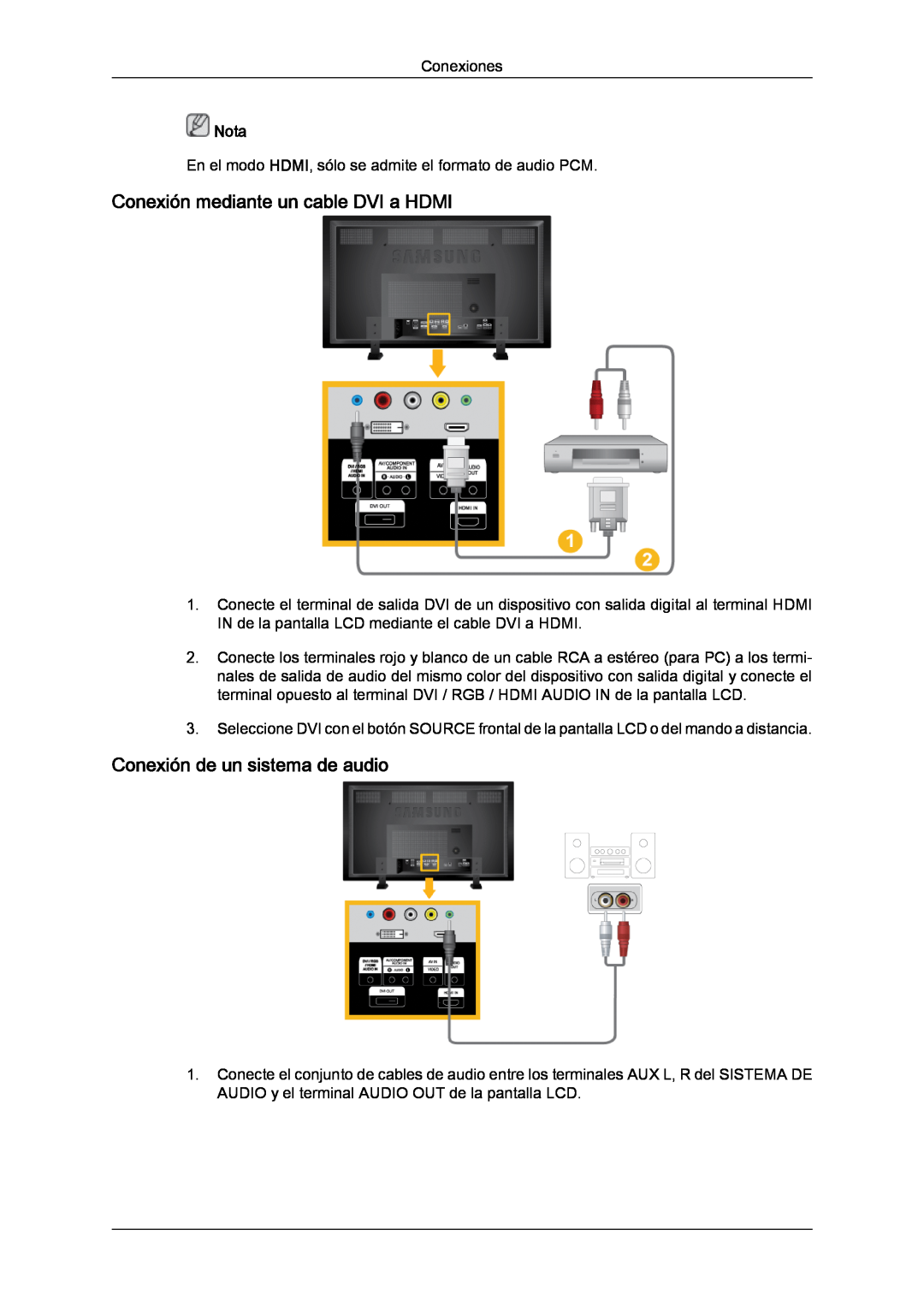 Samsung LH82TCUMBG/EN, LH70TCUMBG/EN manual Conexión mediante un cable DVI a HDMI, Conexión de un sistema de audio, Nota 
