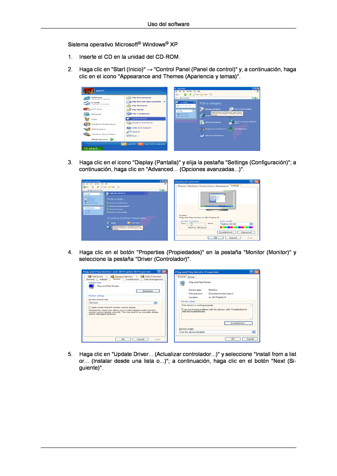 Samsung LH70TCUMBG/EN manual Uso del software Sistema operativo Microsoft Windows XP, Inserte el CD en la unidad del CD-ROM 