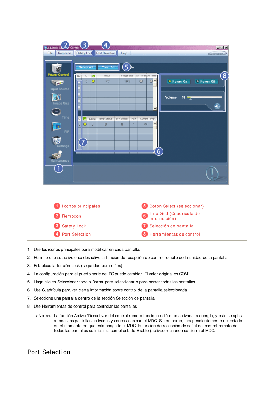 Samsung LH70TCUMBG/EN manual Port Selection, Iconos principales, Botón Select seleccionar, Remocon, Info Grid Cuadrícula de 