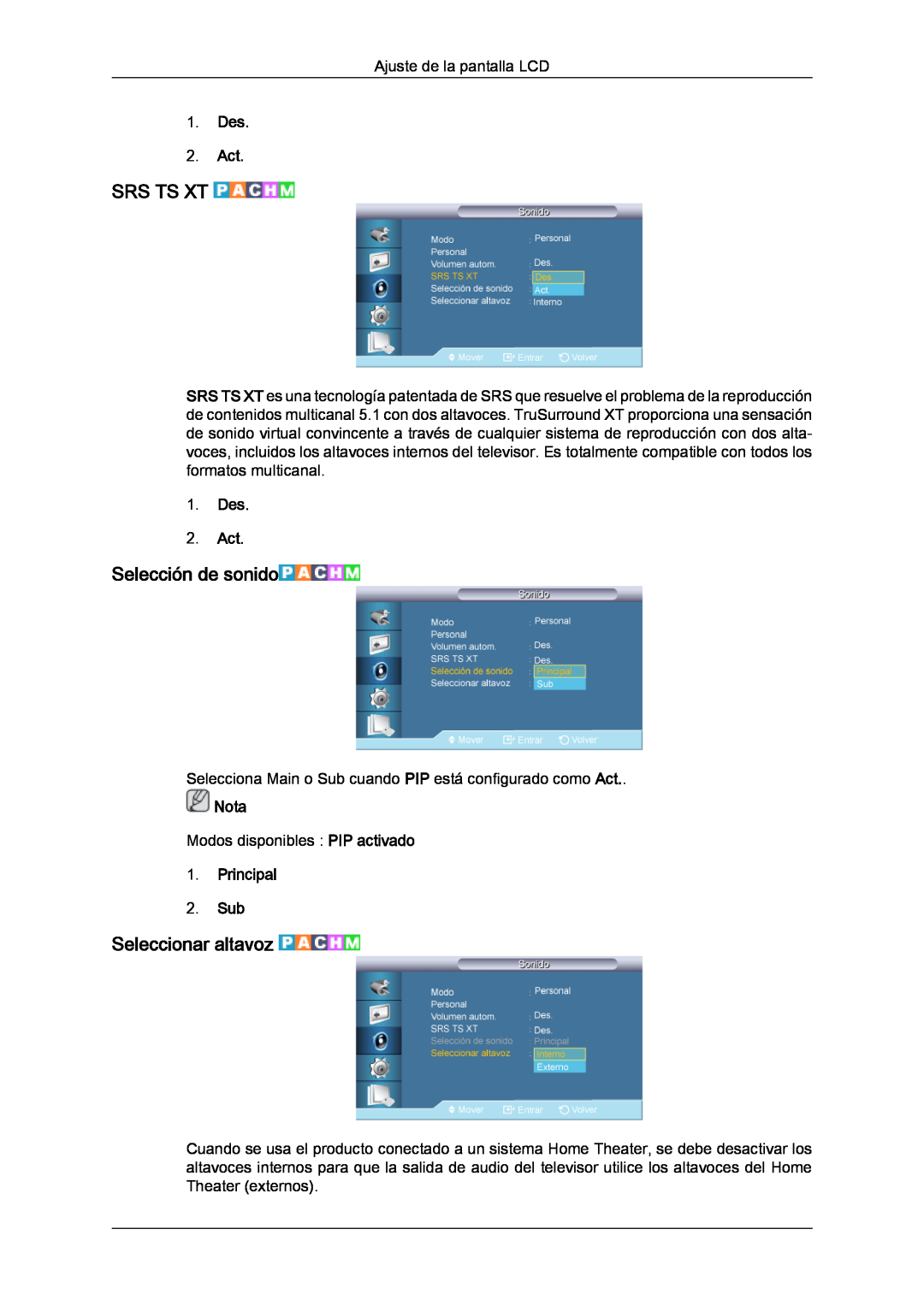 Samsung LH70TCUMBG/EN manual Srs Ts Xt, Selección de sonido, Seleccionar altavoz, Principal 2. Sub, Des 2. Act, Nota 