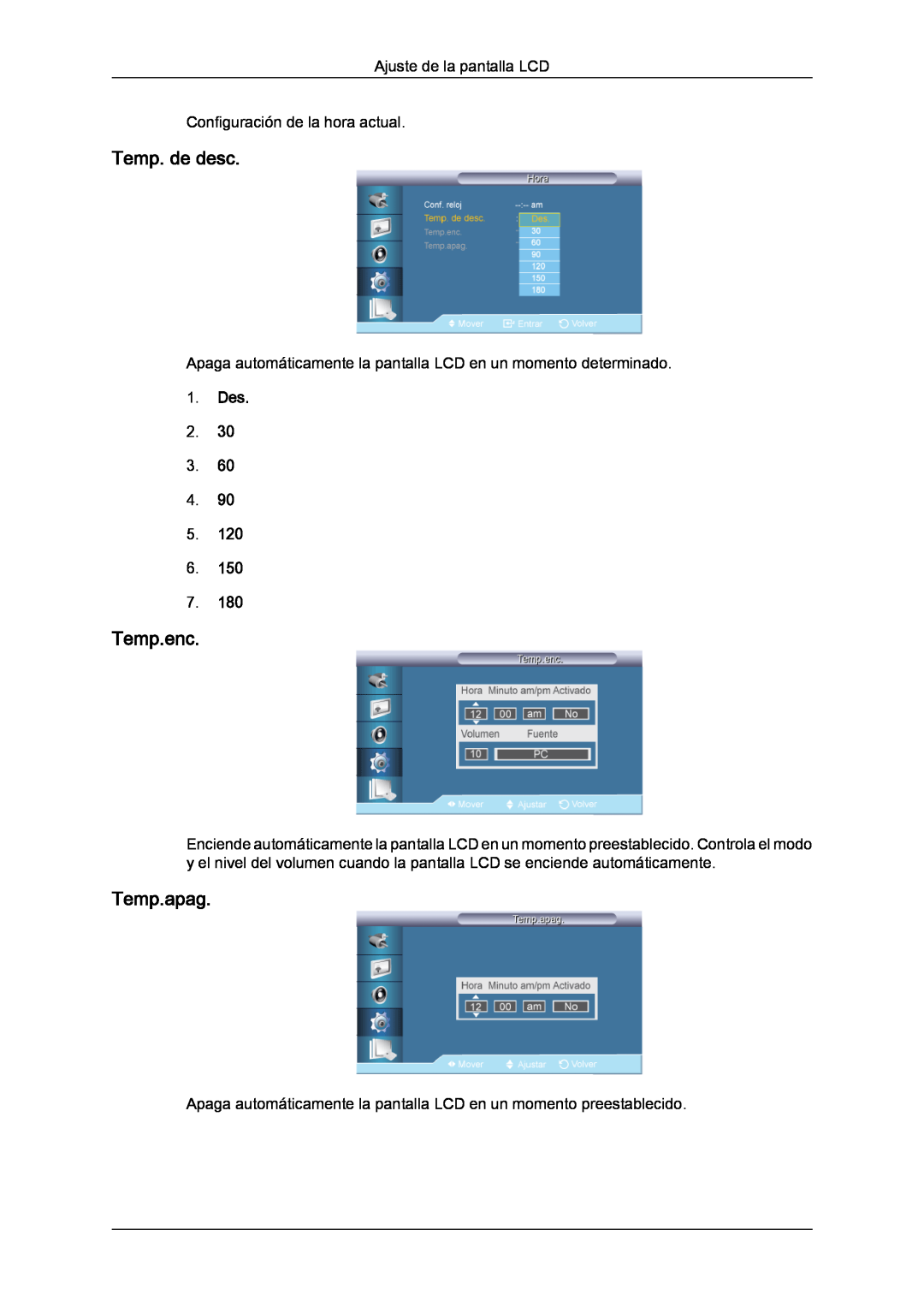 Samsung LH70TCUMBG/EN Temp. de desc, Temp.enc, Temp.apag, Ajuste de la pantalla LCD Configuración de la hora actual, Des 