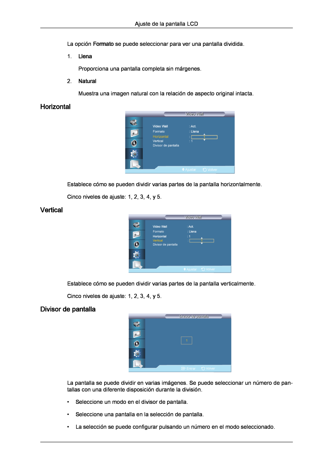 Samsung LH82TCUMBG/EN, LH70TCUMBG/EN manual Horizontal, Vertical, Divisor de pantalla, Llena, Natural 