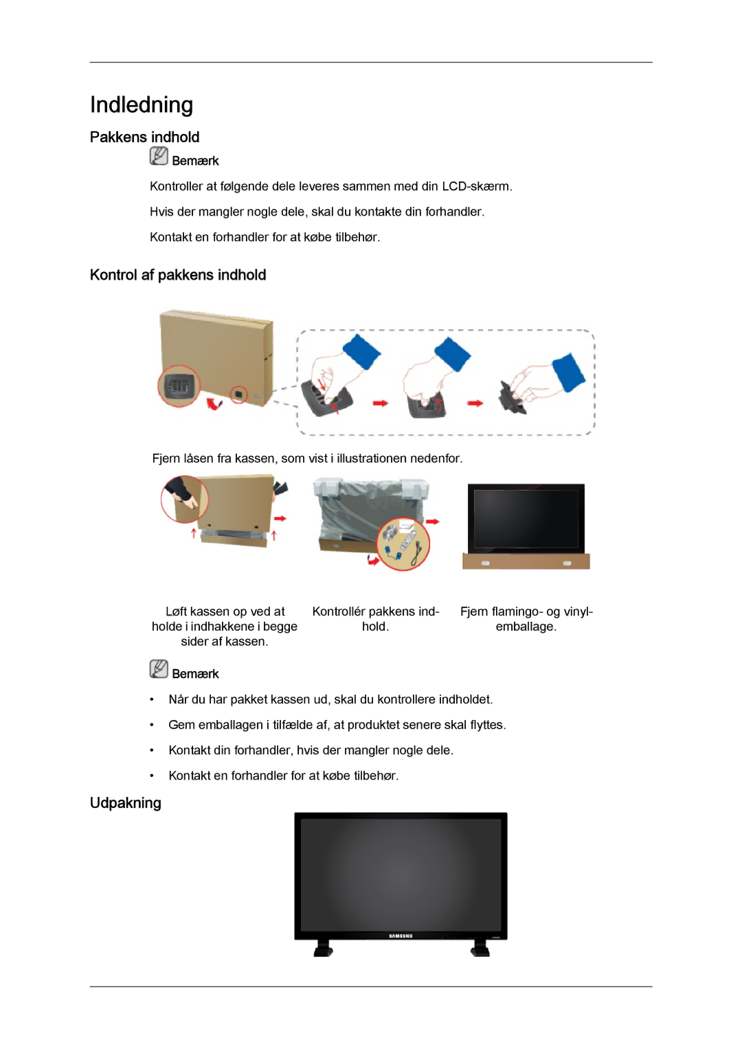 Samsung LH70TCUMBG/EN manual Pakkens indhold, Kontrol af pakkens indhold, Udpakning 