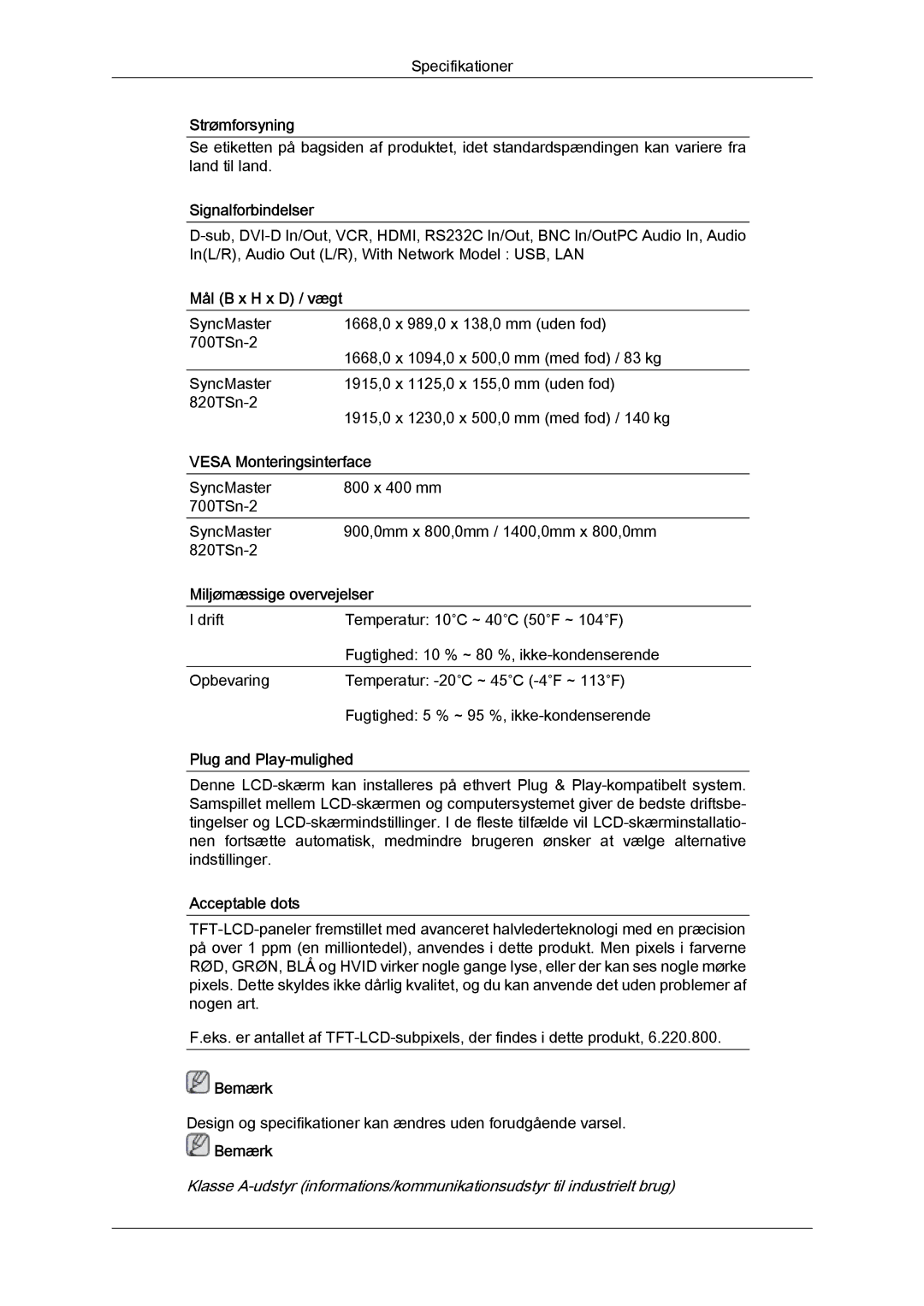 Samsung LH70TCUMBG/EN manual Signalforbindelser, Mål B x H x D / vægt, Vesa Monteringsinterface, Miljømæssige overvejelser 