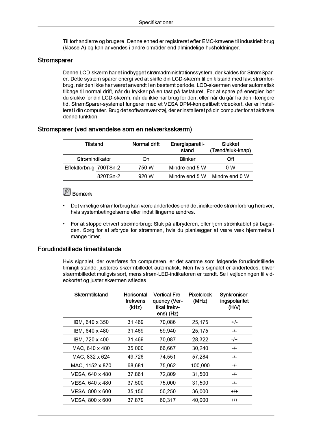 Samsung LH70TCUMBG/EN manual Strømsparer ved anvendelse som en netværksskærm, Forudindstillede timertilstande 