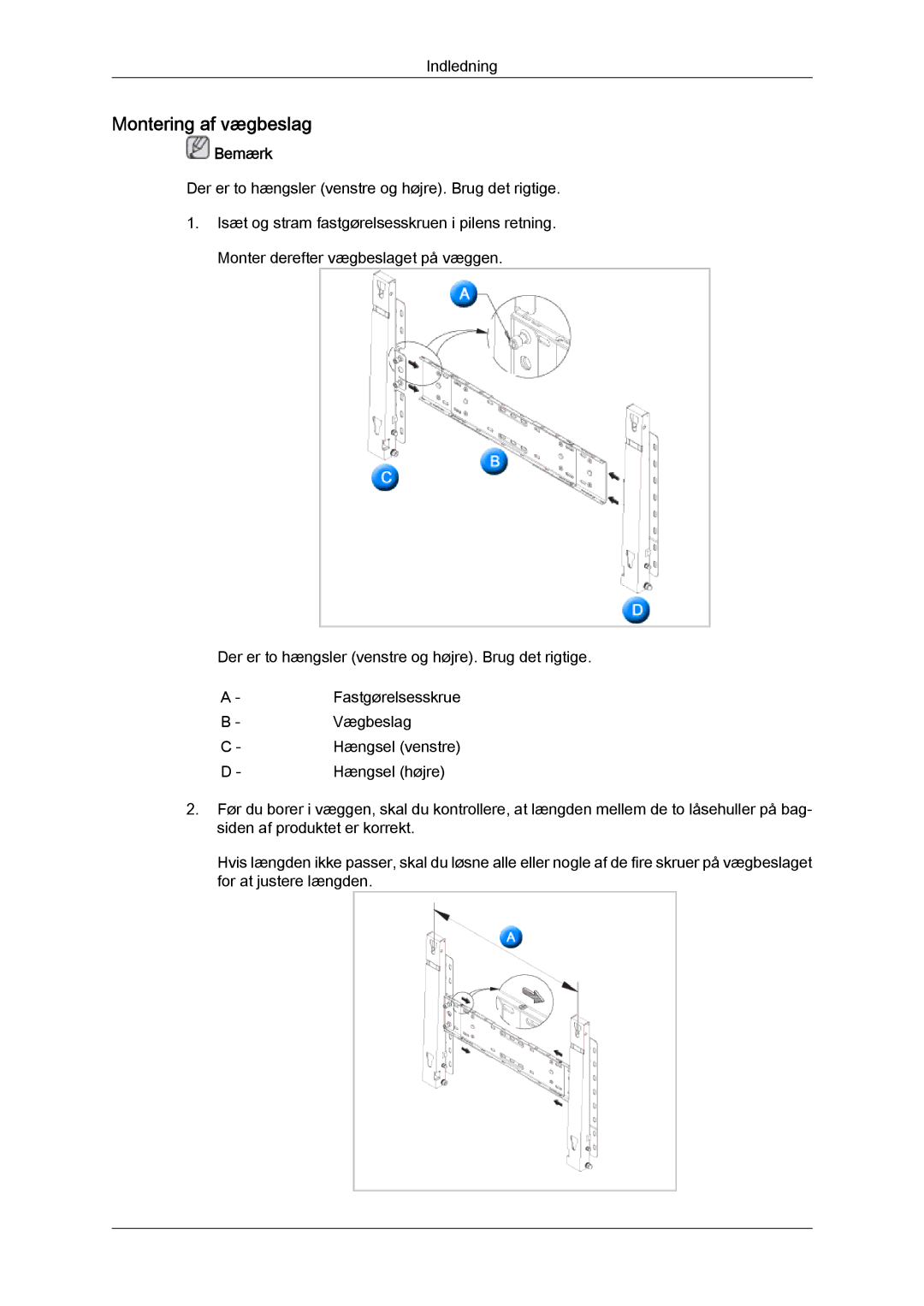 Samsung LH70TCUMBG/EN manual Montering af vægbeslag 