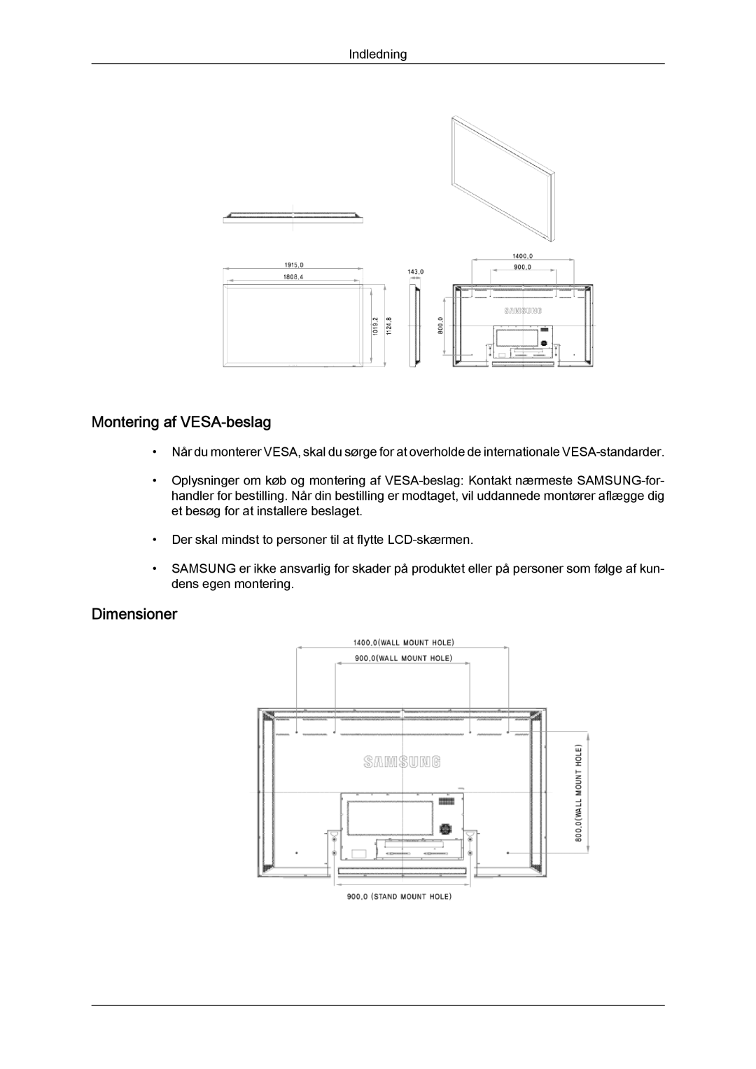 Samsung LH70TCUMBG/EN manual Montering af VESA-beslag 