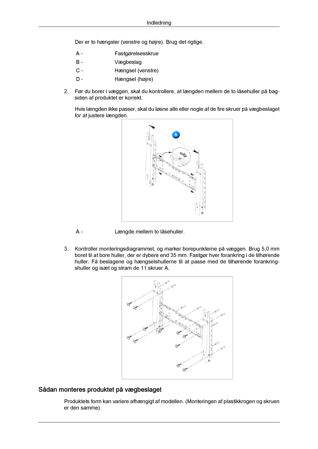 Samsung LH70TCUMBG/EN manual Sådan monteres produktet på vægbeslaget 