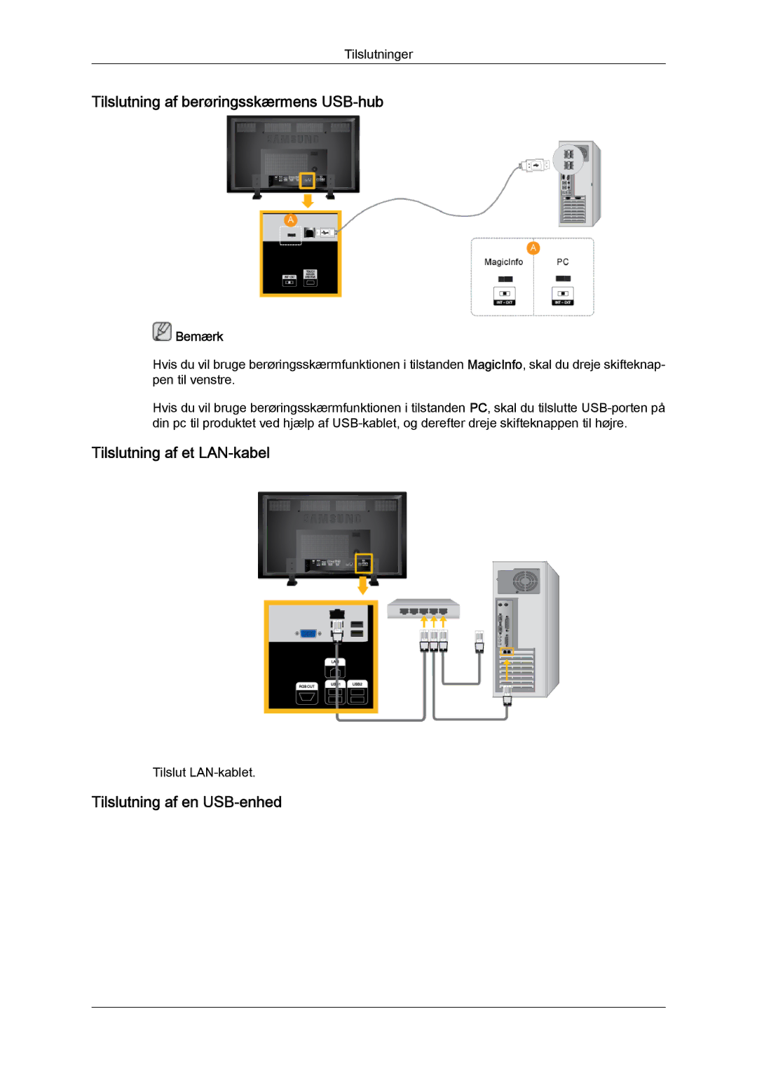 Samsung LH70TCUMBG/EN Tilslutning af berøringsskærmens USB-hub, Tilslutning af et LAN-kabel, Tilslutning af en USB-enhed 