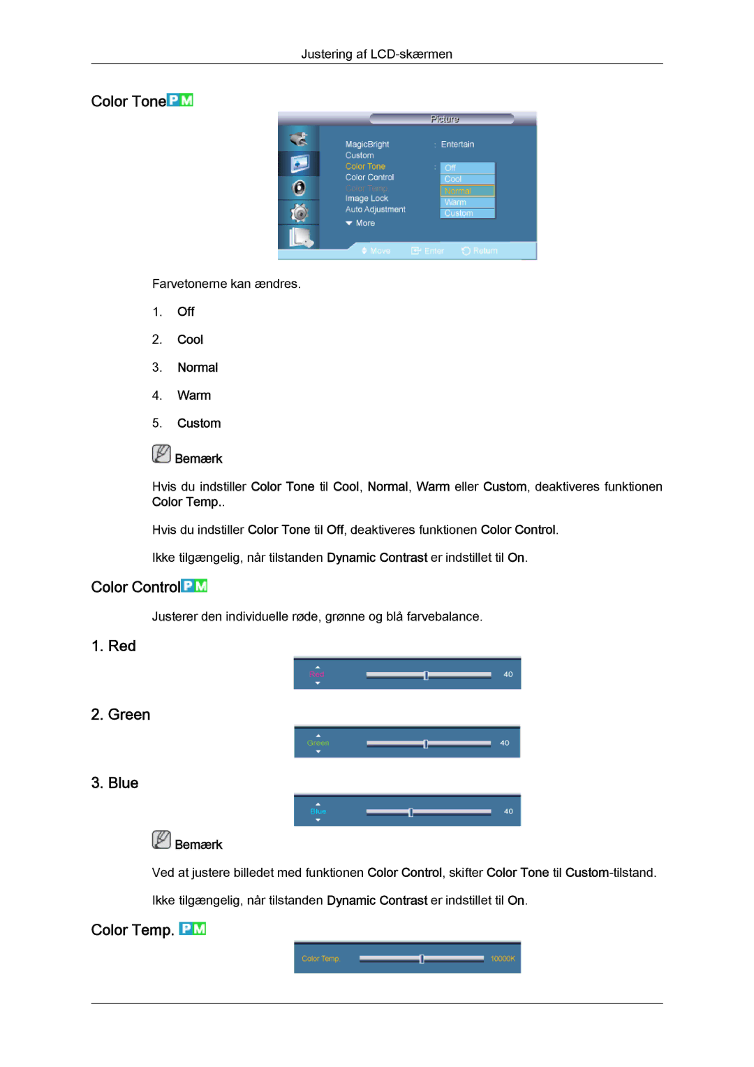 Samsung LH70TCUMBG/EN manual Color Tone, Color Control, Red Green Blue, Color Temp, Off Cool Normal Warm Custom Bemærk 