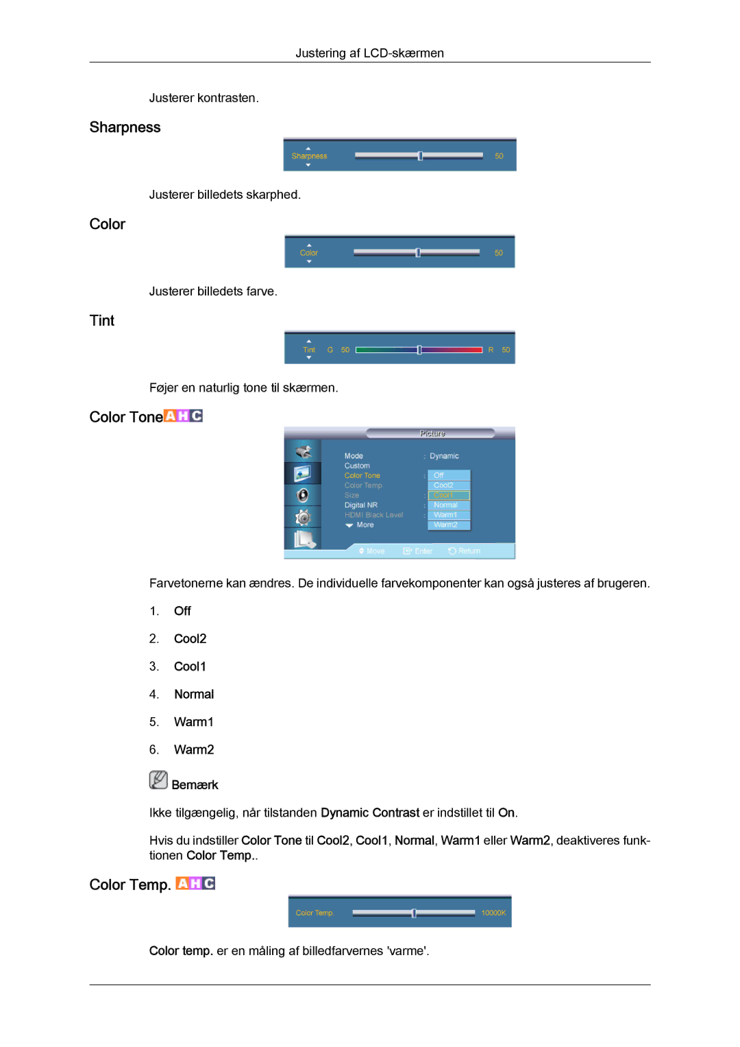 Samsung LH70TCUMBG/EN manual Color, Tint, Off Cool2 Cool1 Normal Warm1 Warm2 Bemærk 